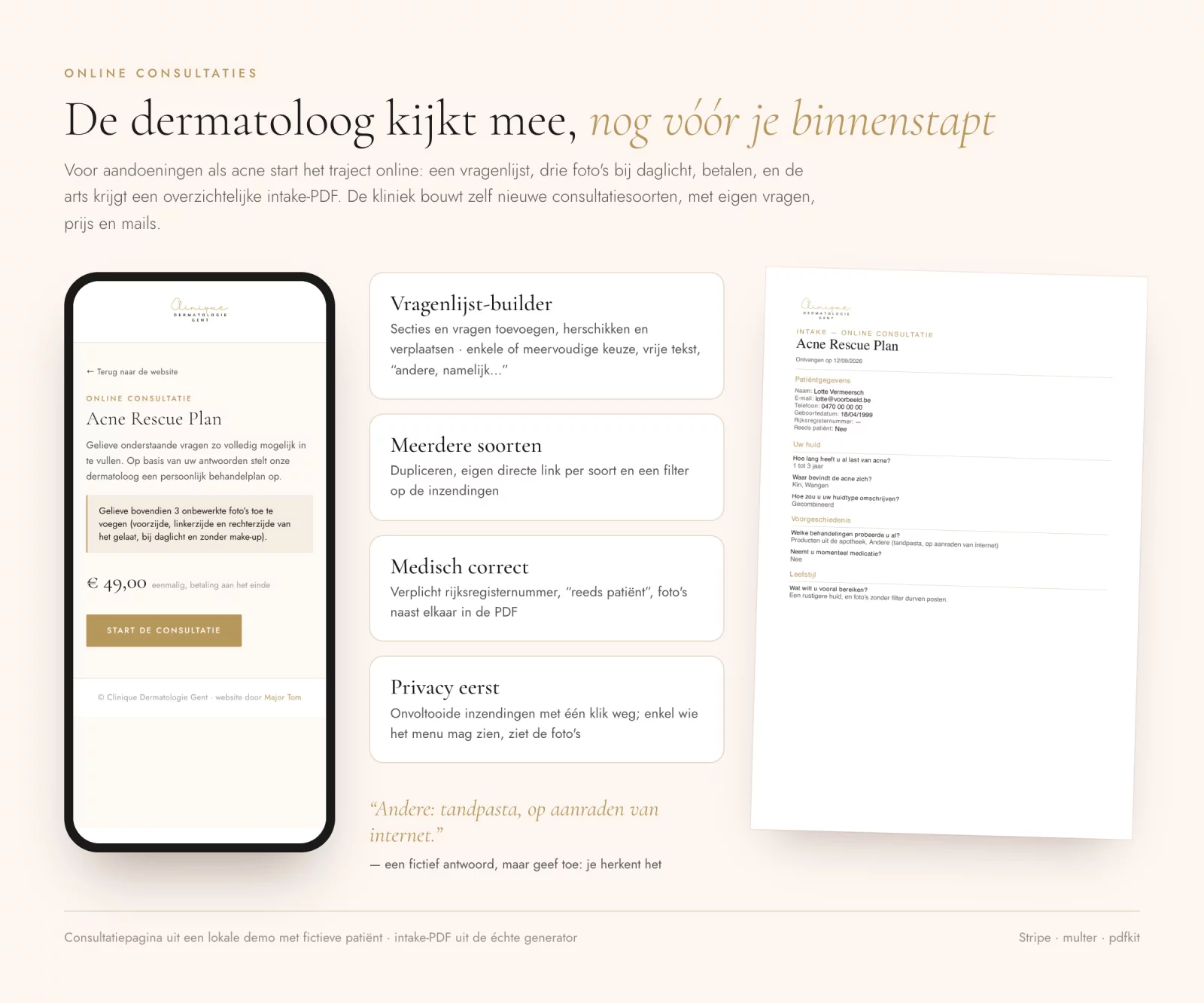 The online consultation on a phone and the intake PDF for the doctor