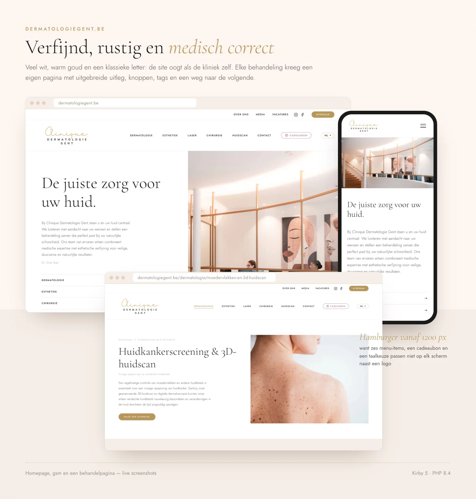 Homepage, mobile view and a treatment page of dermatologiegent.be