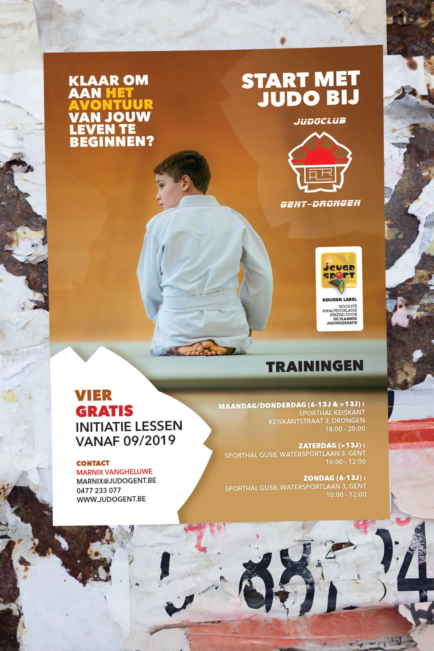 Poster &ldquo;Ready to begin the adventure of your life?&rdquo; for Judoclub Gent-Drongen, with a young judoka on the mat