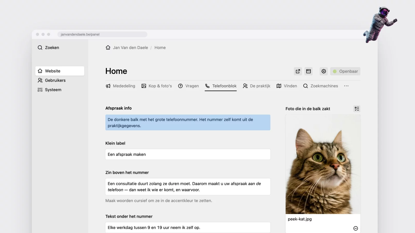The admin of janvandendaele.be showing the Telefoonblok tab with fields such as &ldquo;Zin boven het nummer&rdquo; and &ldquo;Foto die in de balk zakt&rdquo;