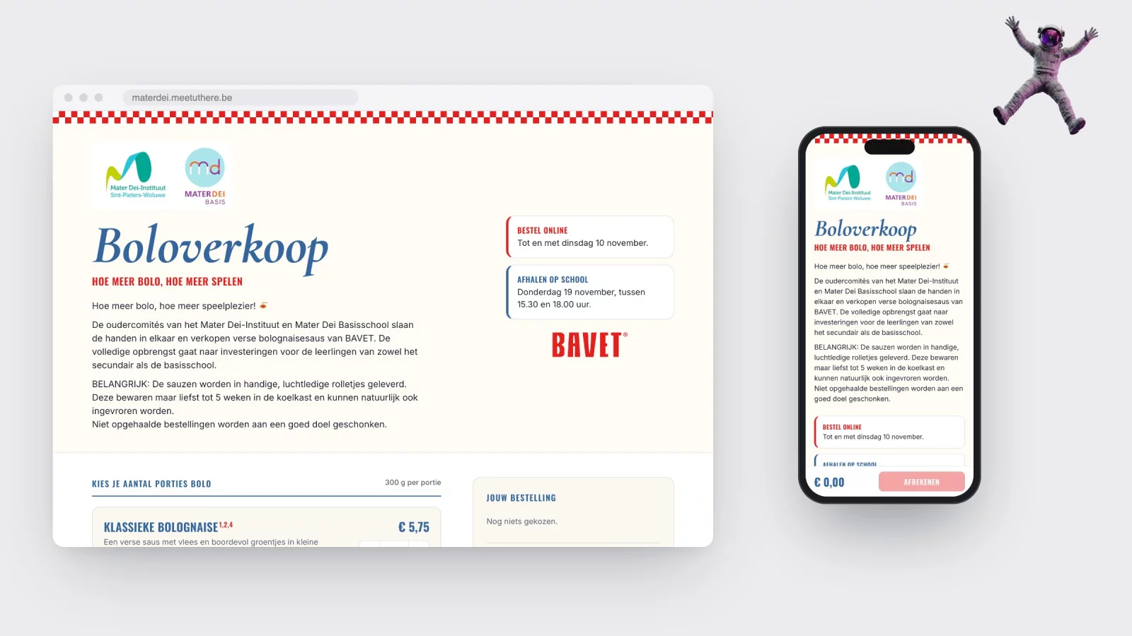The bolognese shop on desktop and phone, showing the three sauces and the collection dates