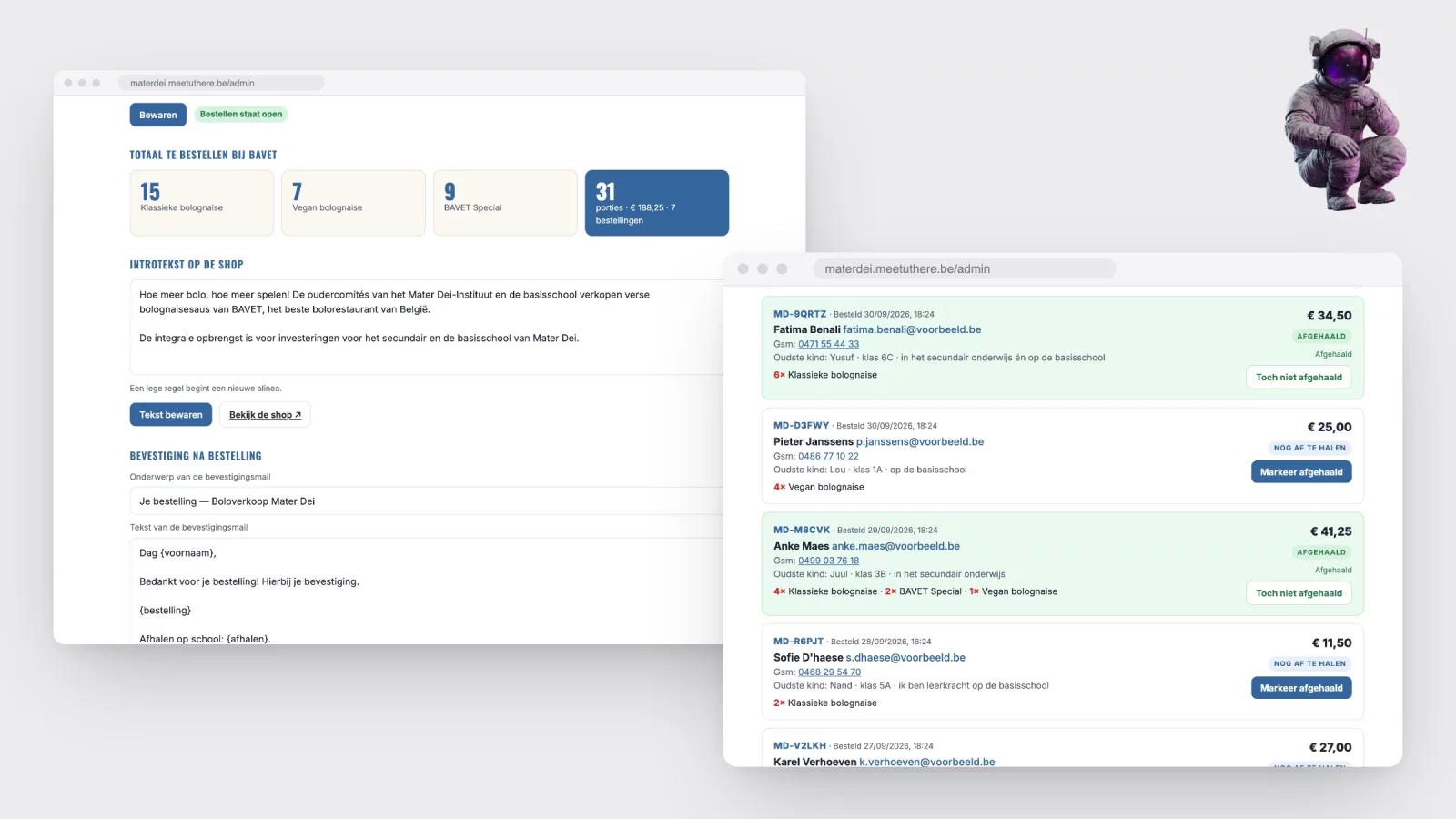 The admin panel showing the count per sauce and the list of orders