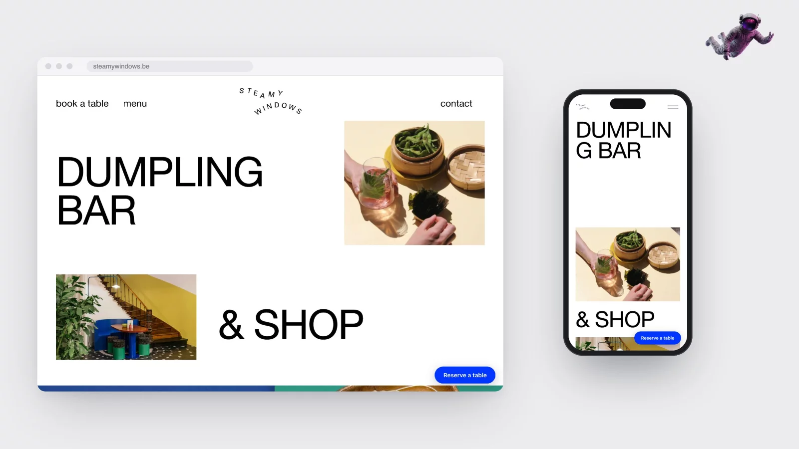 The homepage of steamywindows.be on desktop and phone, with the heading &ldquo;Dumpling bar &amp; shop&rdquo;