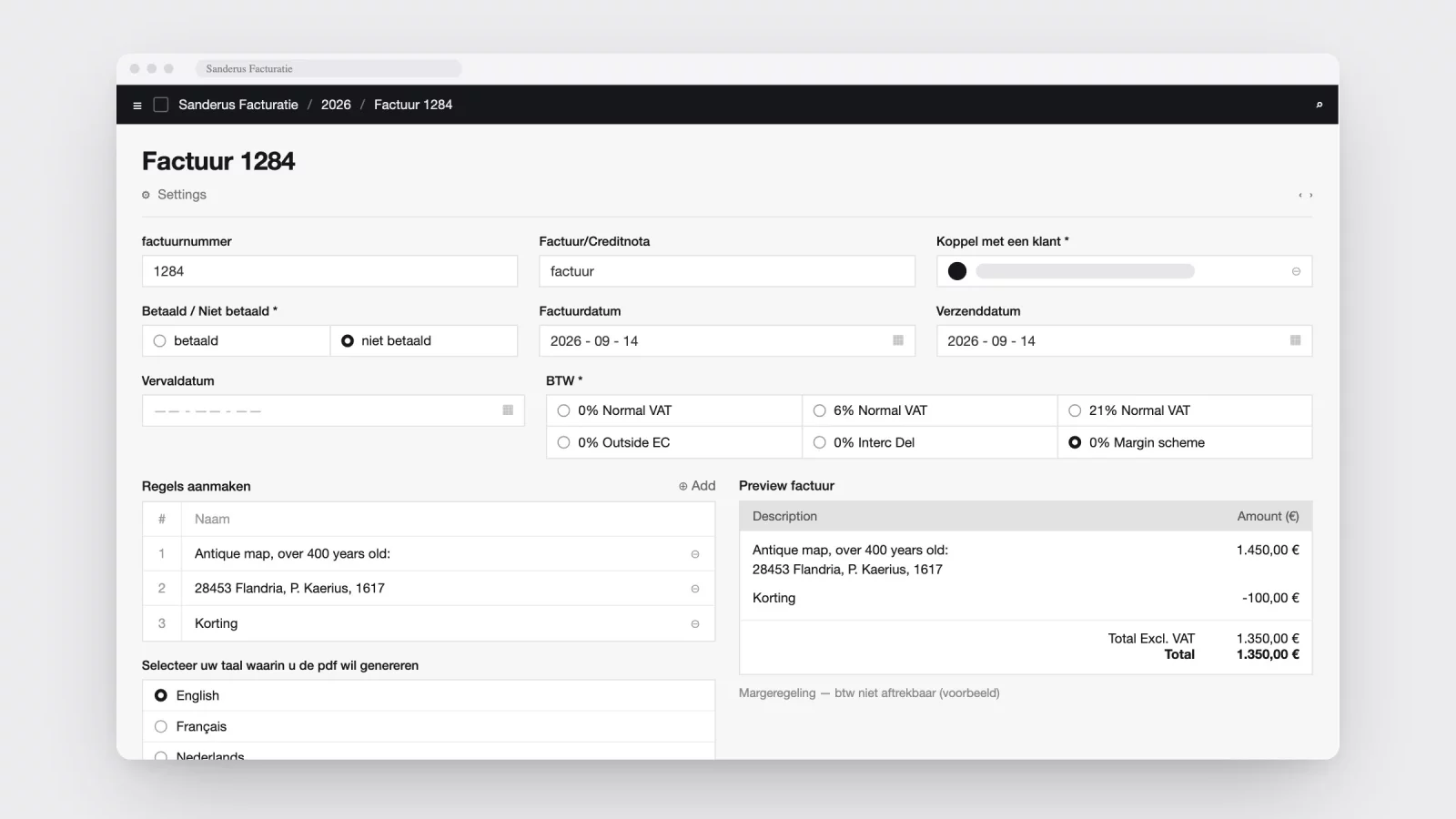 Rebuilt screen of the invoicing tool: invoice header with number and dates, a grid of six VAT options including the margin scheme, the invoice lines on the left and the live preview on the right