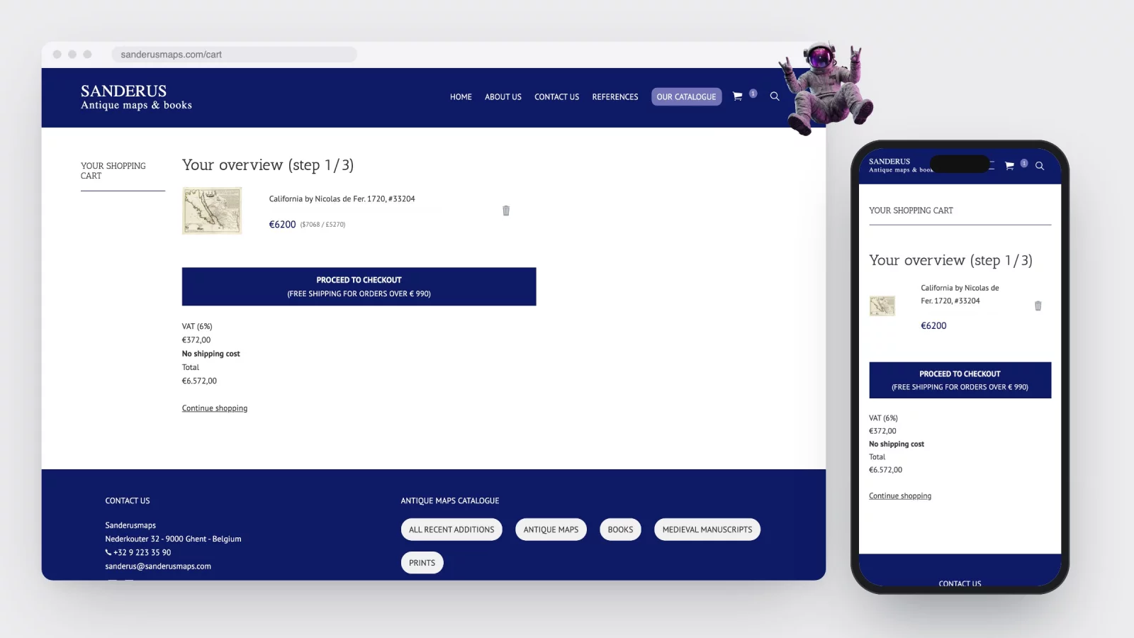 The sanderusmaps.com shopping cart with one map in it, the VAT line, the total and the Proceed to checkout button, next to the same page on a phone