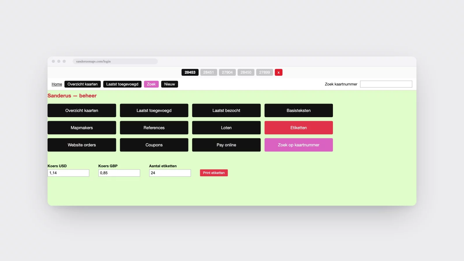 Rebuilt intranet dashboard with black and pink buttons leading to overviews, and fields at the bottom for the dollar and pound rate and the number of labels