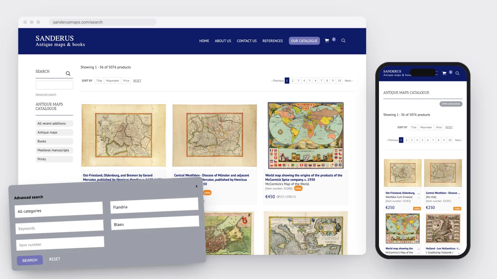 Search results on sanderusmaps.com showing antique maps in a grid, categories on the left, the advanced search form in front and the same page on a phone