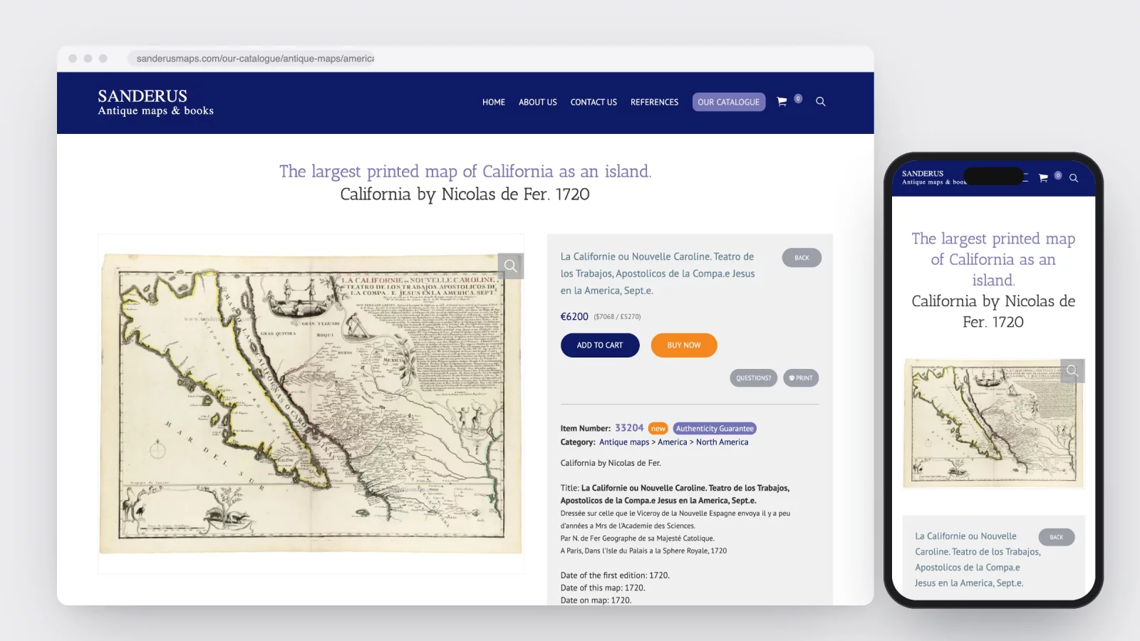 Product page of the map &ldquo;La Californie ou Nouvelle Caroline&rdquo; by Nicolas de Fer, 1720, with the price in three currencies and the Add to cart and Buy now buttons, next to the same page on a phone