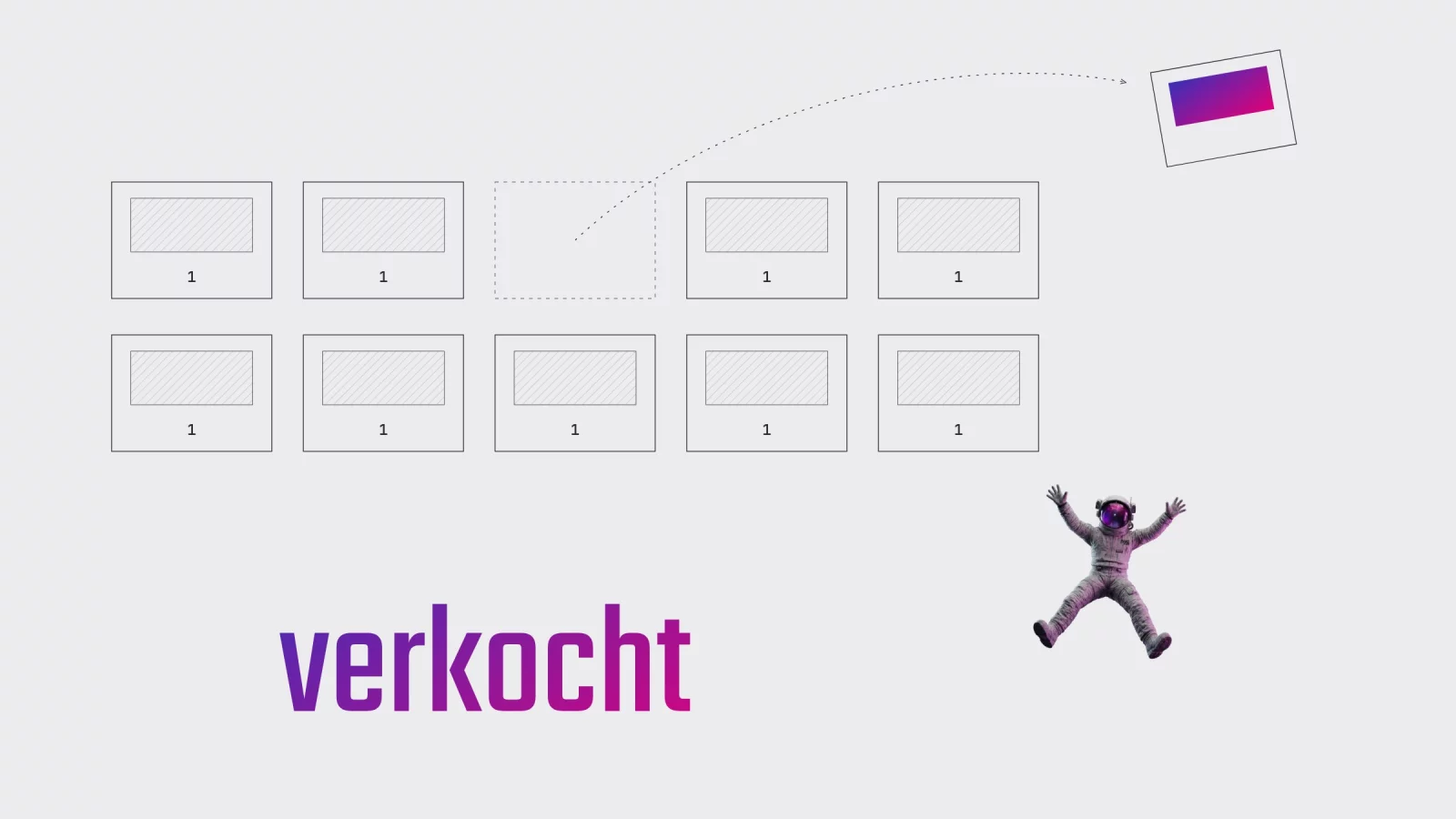Diagram: a grid of little cards each holding the figure 1, one of them empty and dashed while a coloured copy flies off, with the Dutch word verkocht (sold) in large letters