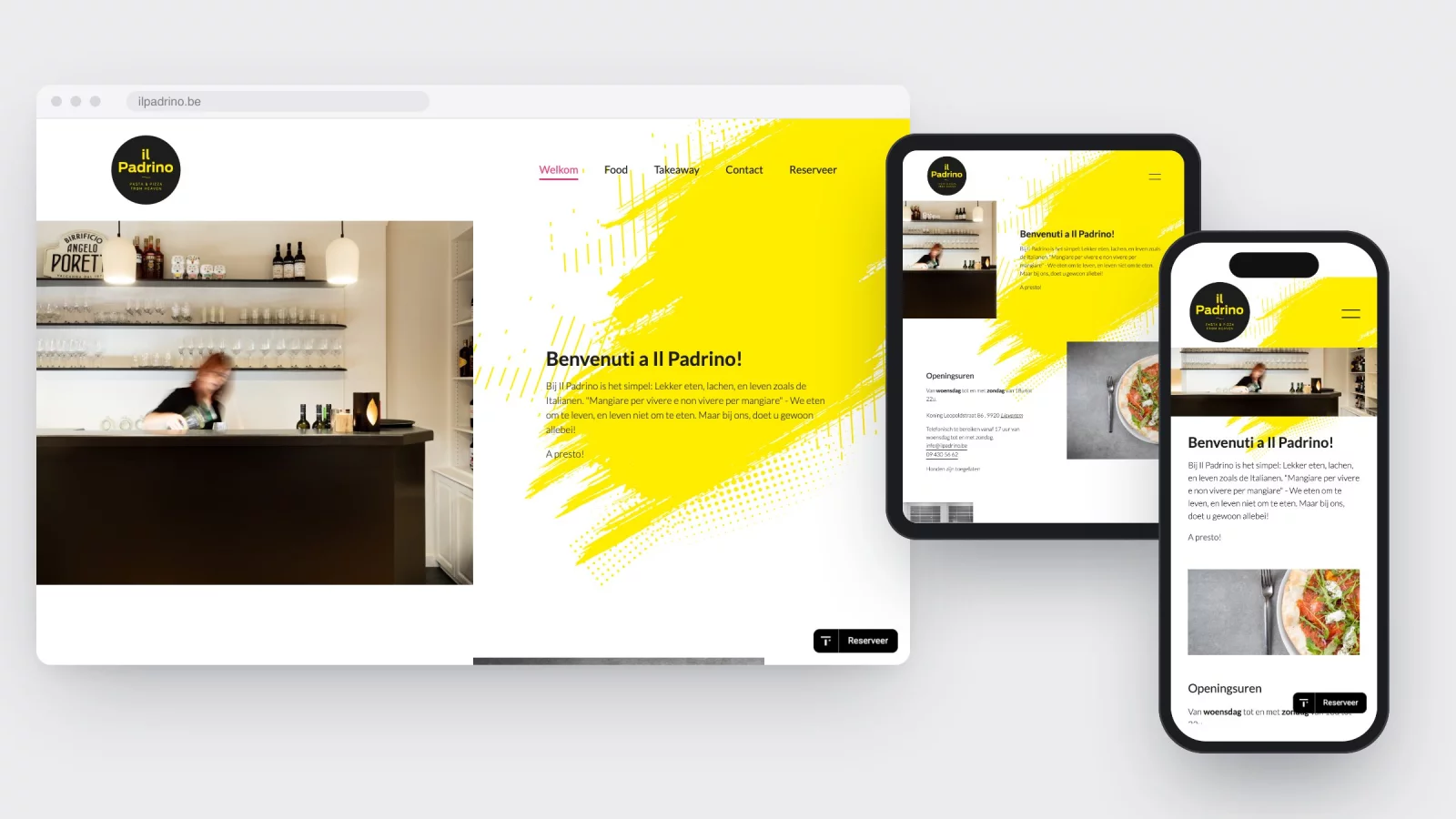 The ilpadrino.be homepage on desktop, tablet and phone, with the yellow splash and the round black Il Padrino badge