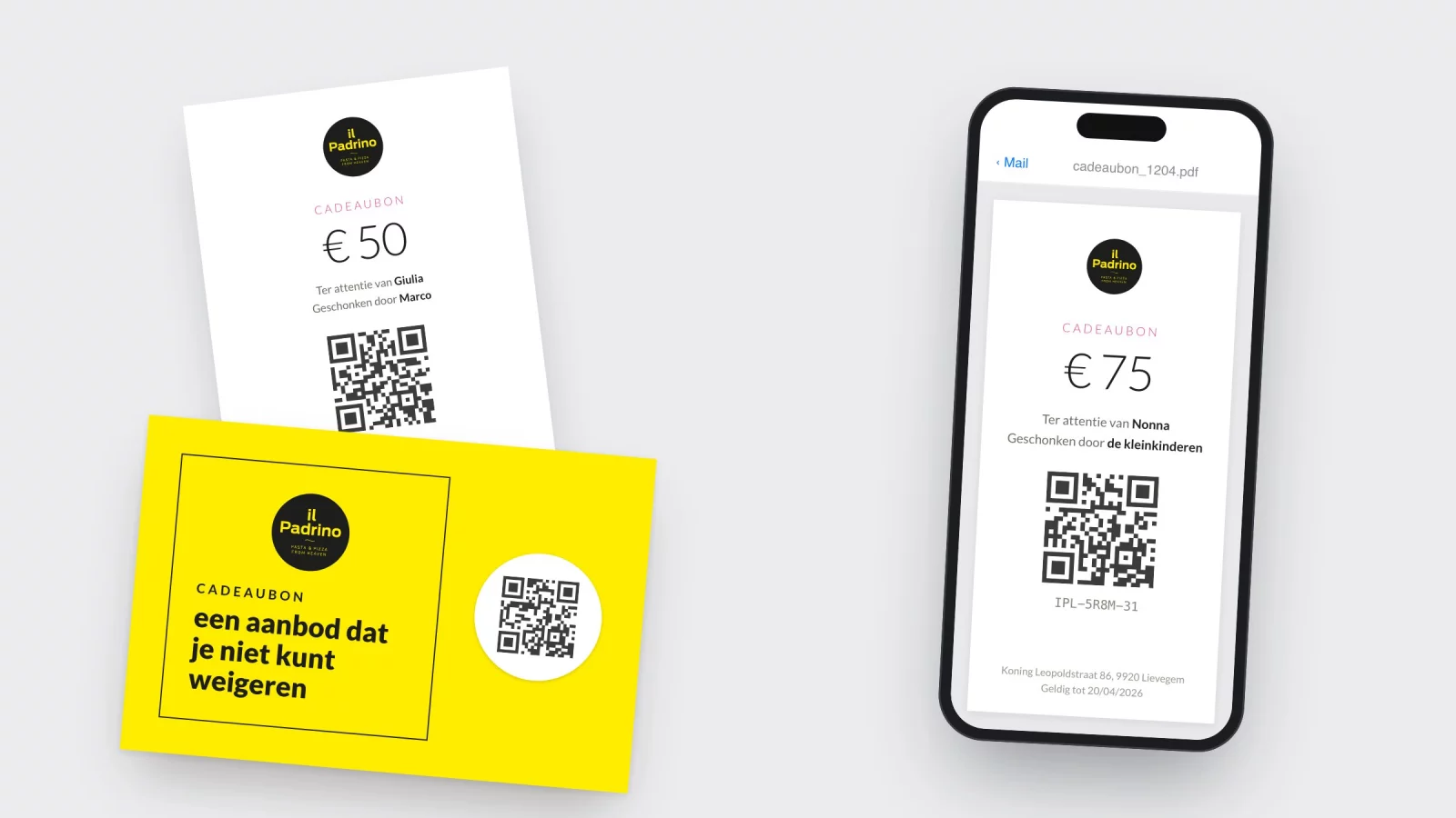 Three forms of an Il Padrino gift voucher: a printed voucher, a yellow card with a QR sticker and a PDF on a phone