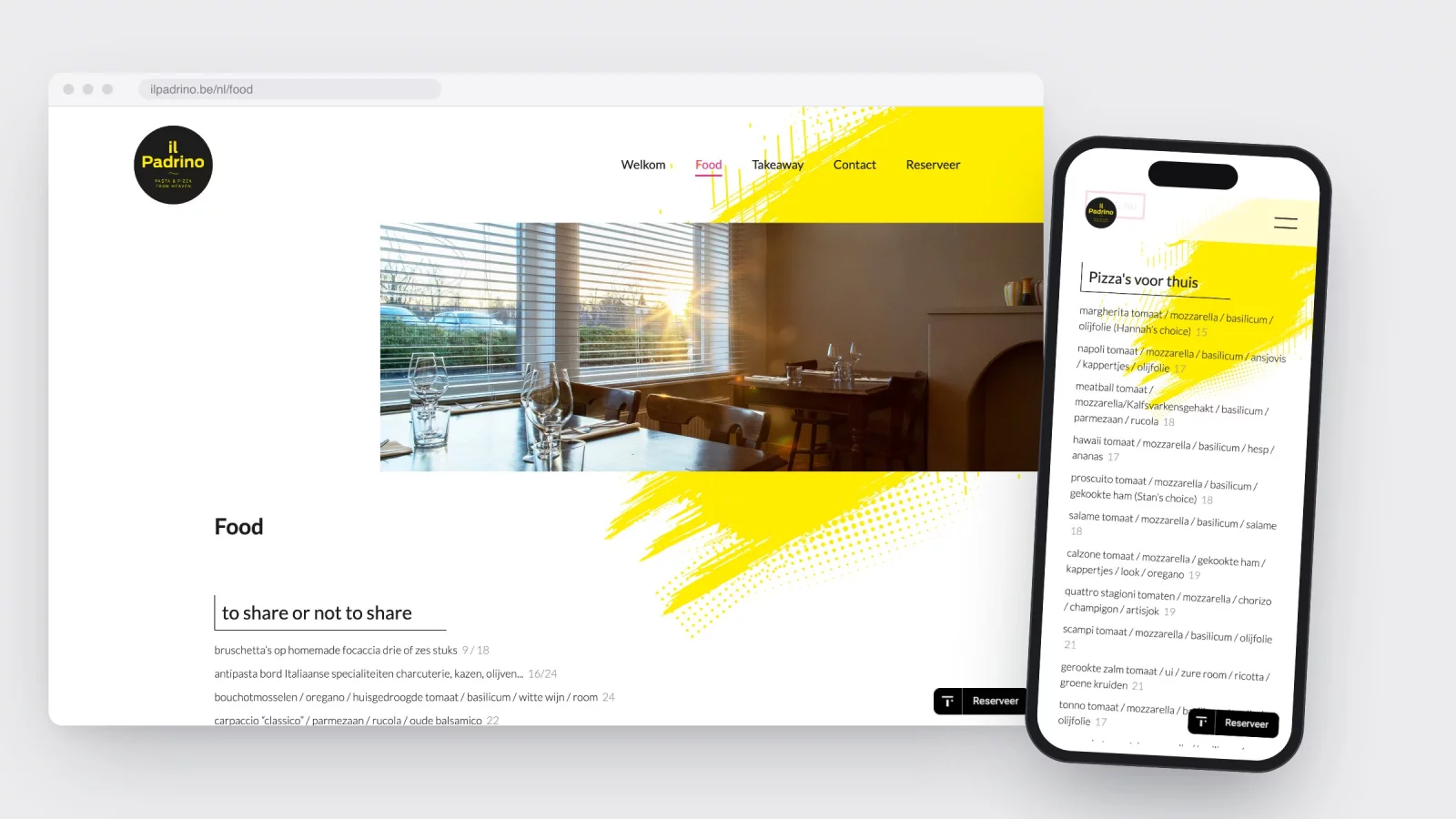The Il Padrino menu on desktop and the takeaway page with pizzas for home on a phone