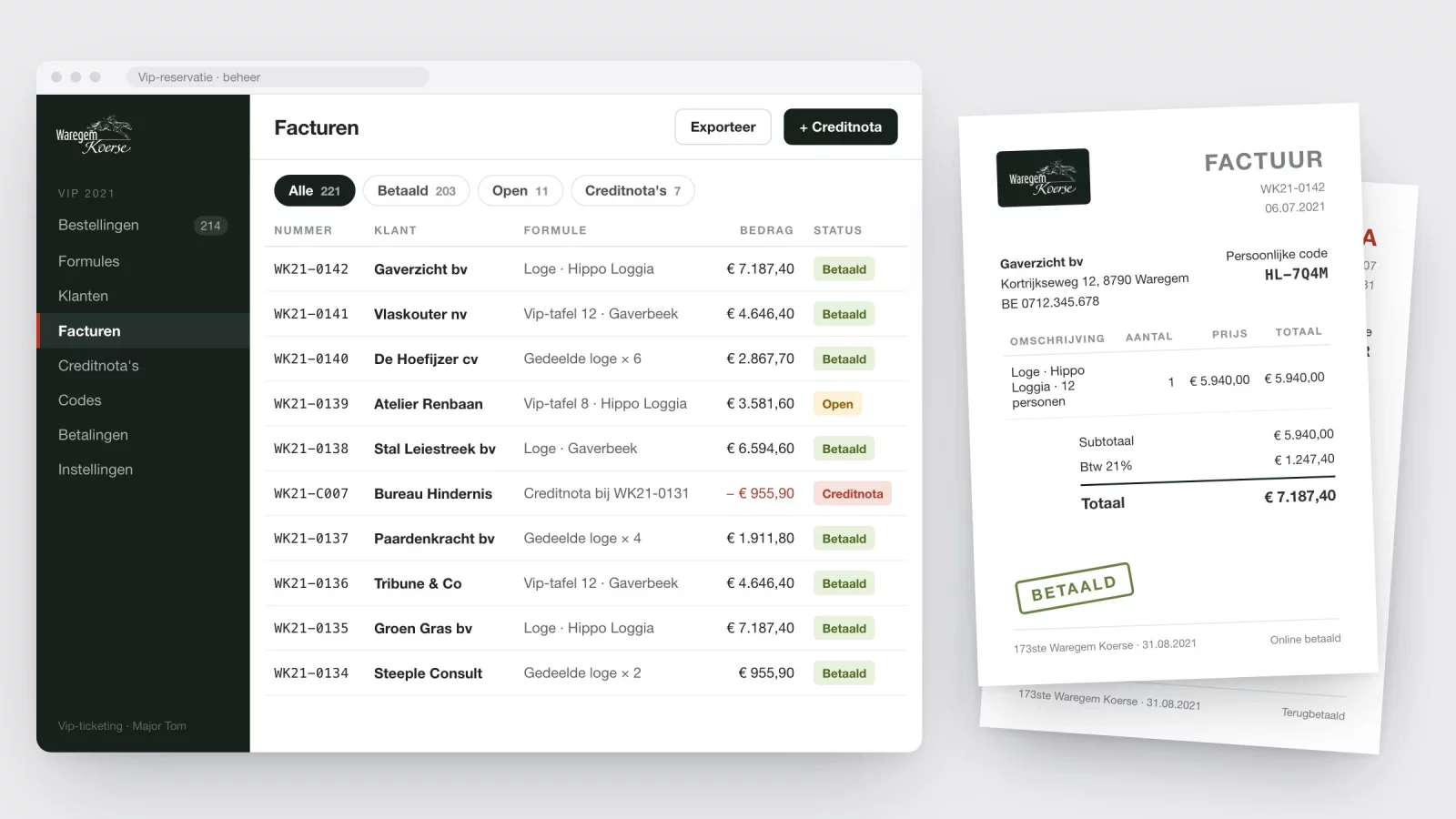 The back office with a list of invoices and credit notes, next to an invoice and a credit note as documents