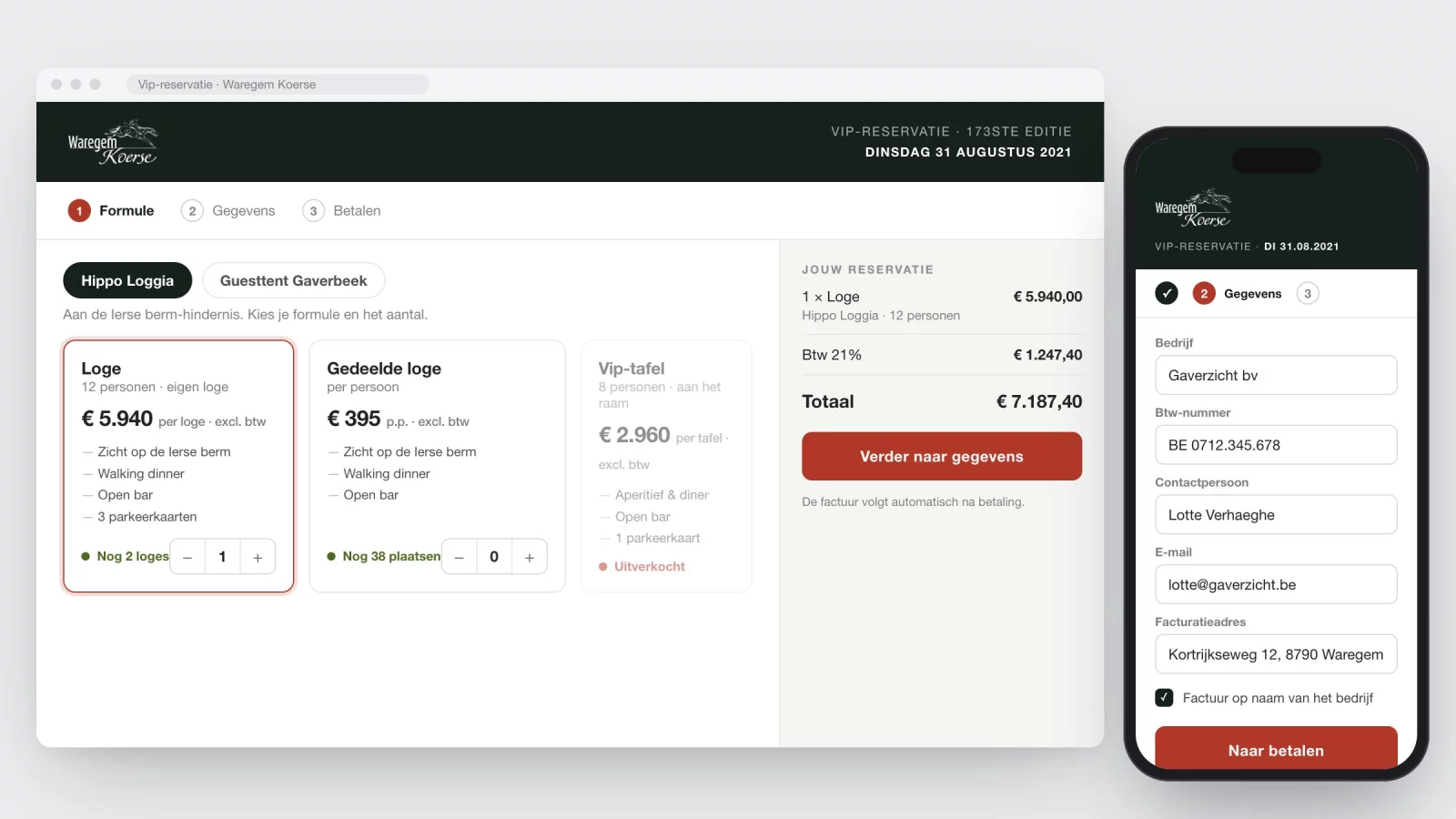 The order form: packages in the Hippo Loggia with price and availability, a booking summary and the details form on a phone
