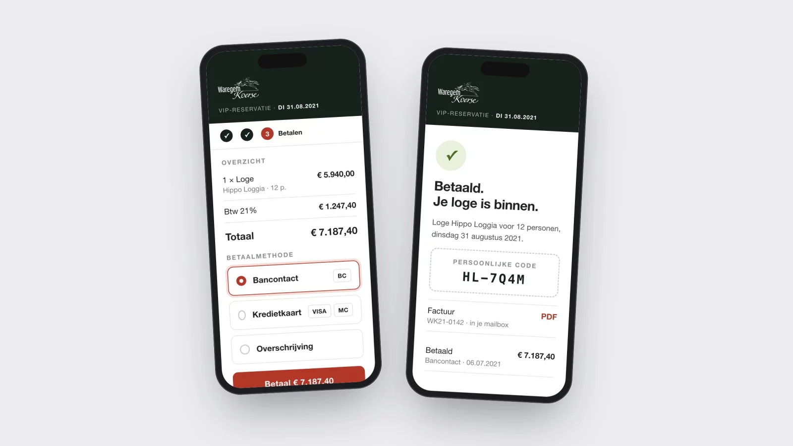 Two phone screens: the summary with payment methods and the confirmation with a personal code and the invoice