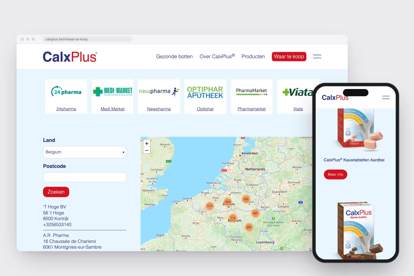 The calxplus.be store locator with online pharmacies and a map, and the product page on a phone