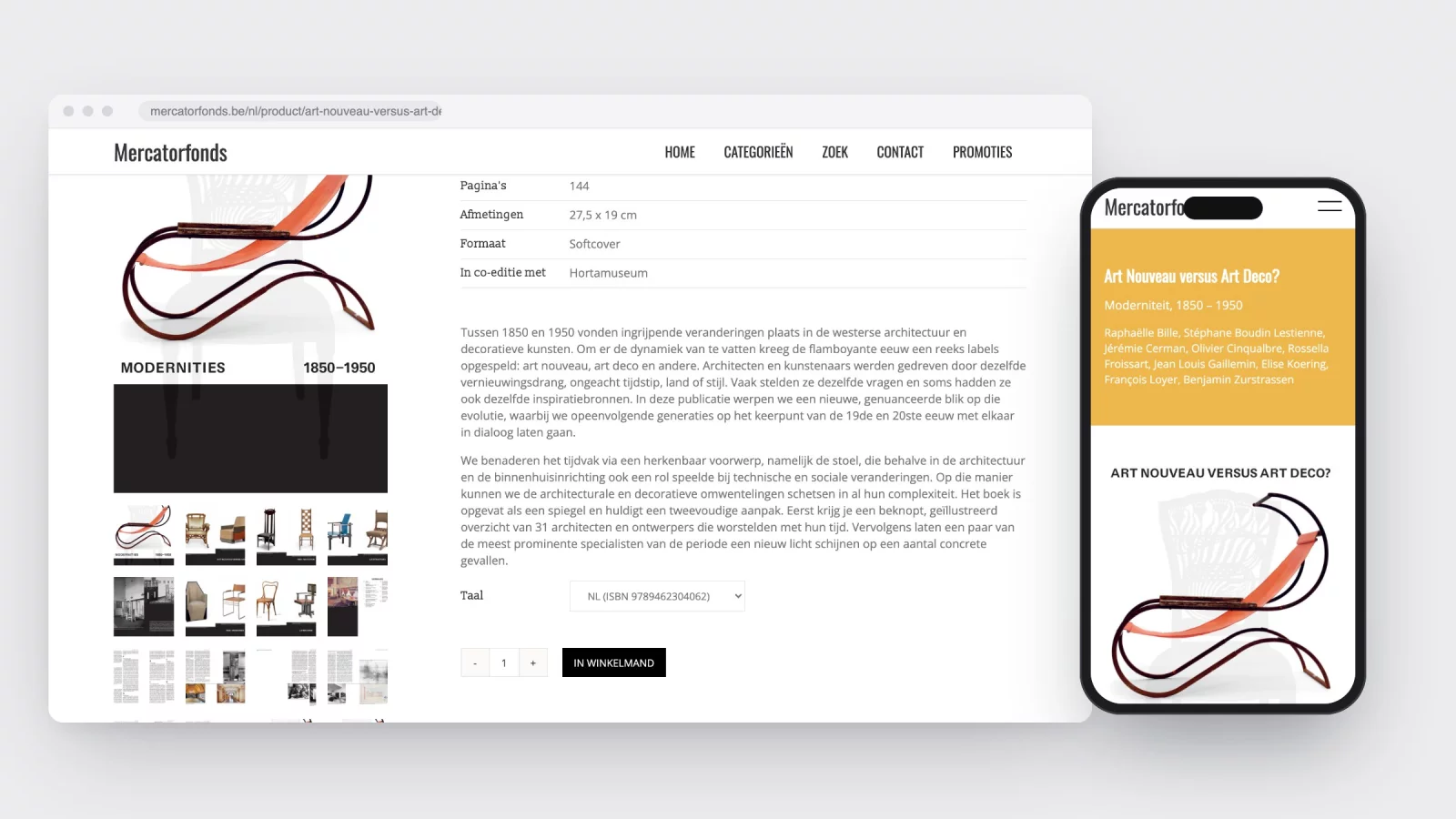 The book page for Art Nouveau versus Art Deco on mercatorfonds.be showing the language choice with its ISBN, the book details and the add-to-basket button, next to the top of the same page on a phone
