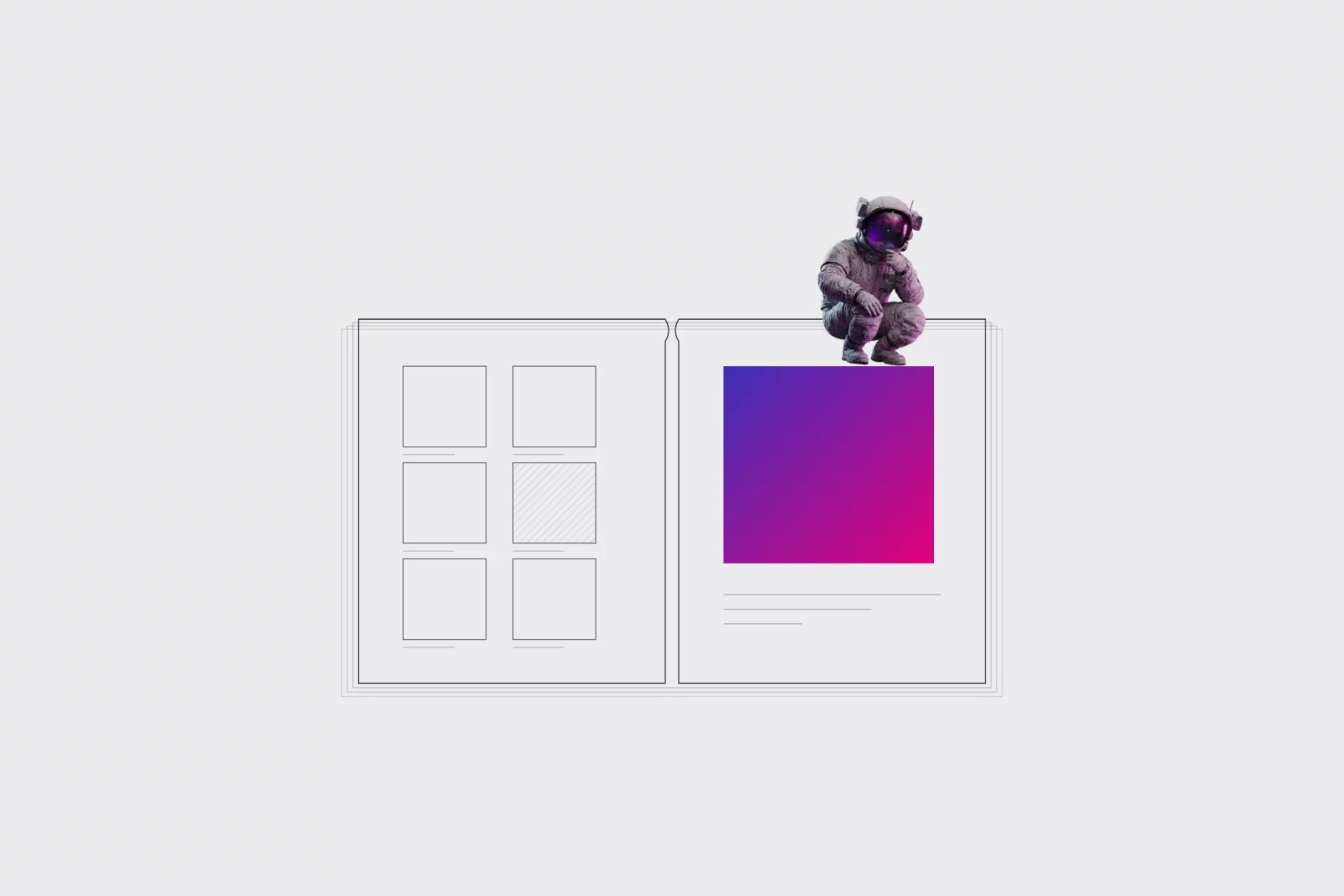 Hairline drawing of an open art book: a grid of small plates on the left page, one large plate in an indigo-to-magenta gradient on the right, with a small astronaut sitting on the top edge