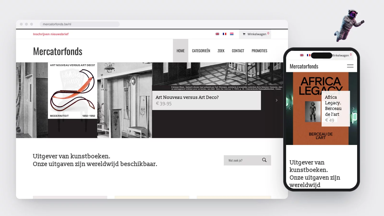 The mercatorfonds.be homepage in a browser window, with the carousel of book covers, next to the same page on a phone