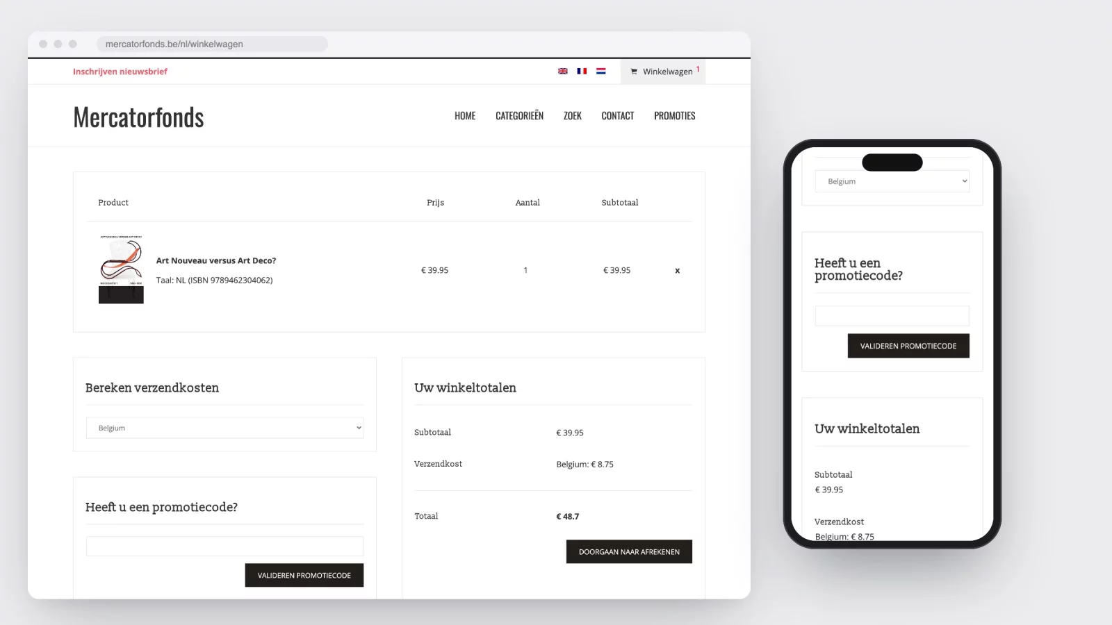 The mercatorfonds.be basket with one book in it, the country selector for shipping, the promo code field and the order totals, next to the same page on a phone