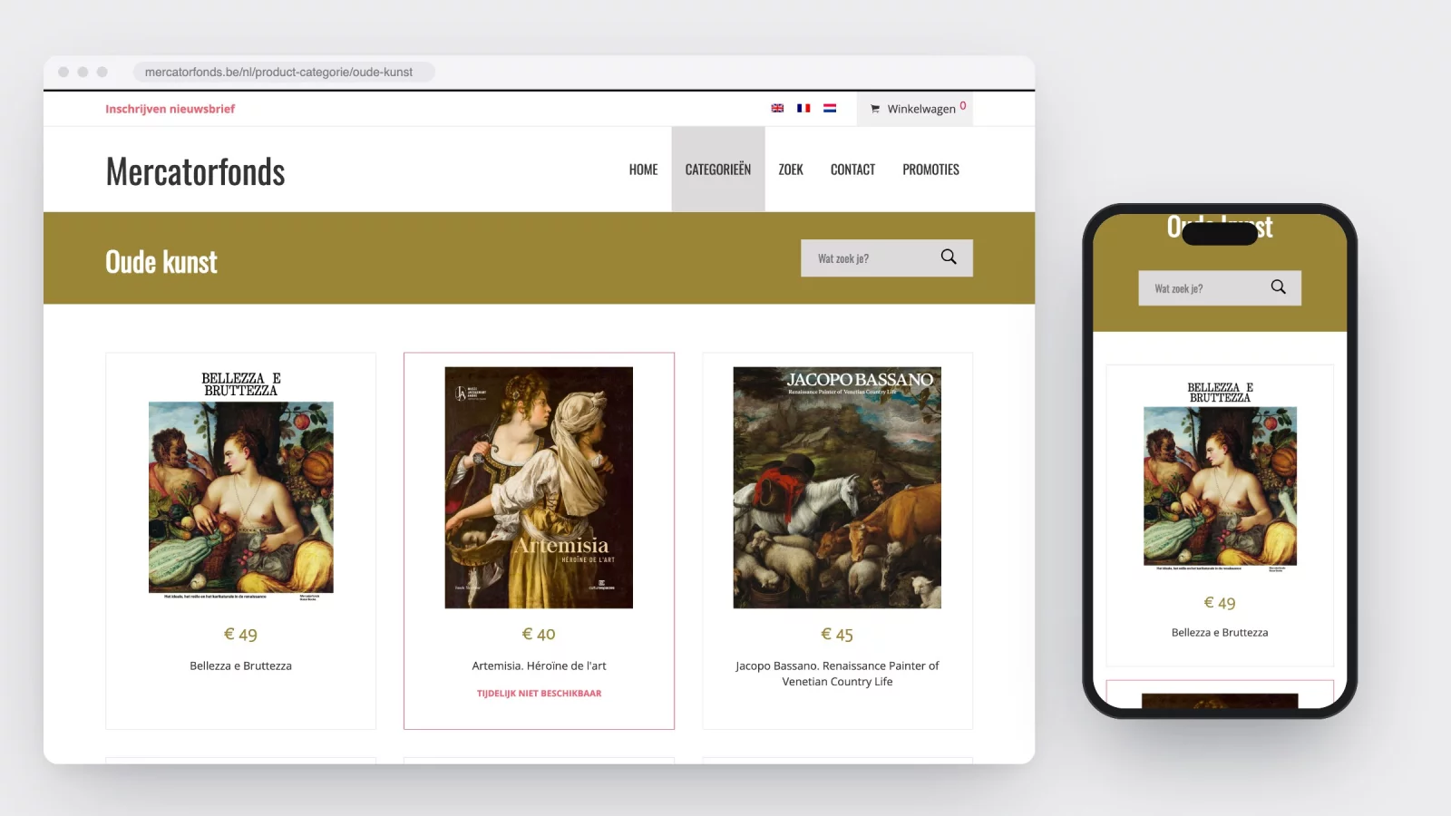The Old art category page on mercatorfonds.be with a grid of book covers and one book labelled temporarily unavailable, next to the same page on a phone