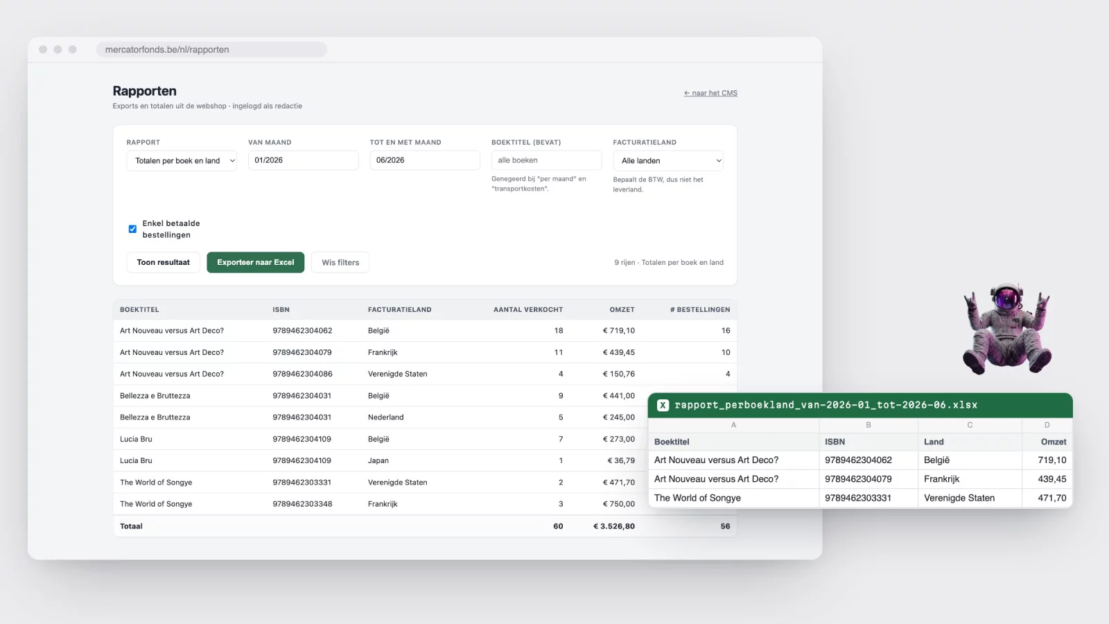 Rebuilt screen of the reporting page with a filter bar, a table listing book title, ISBN, billing country, quantity and revenue, and an Excel file beside it