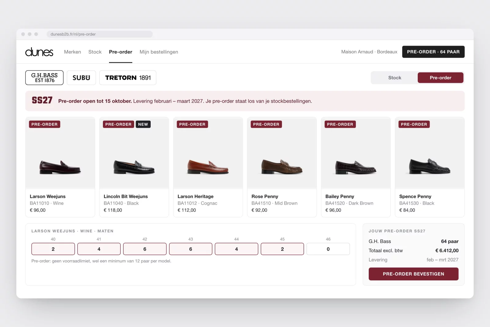 The G.H. Bass pre-order in the Dunes shop, with delivery window, sizes and a separate overview