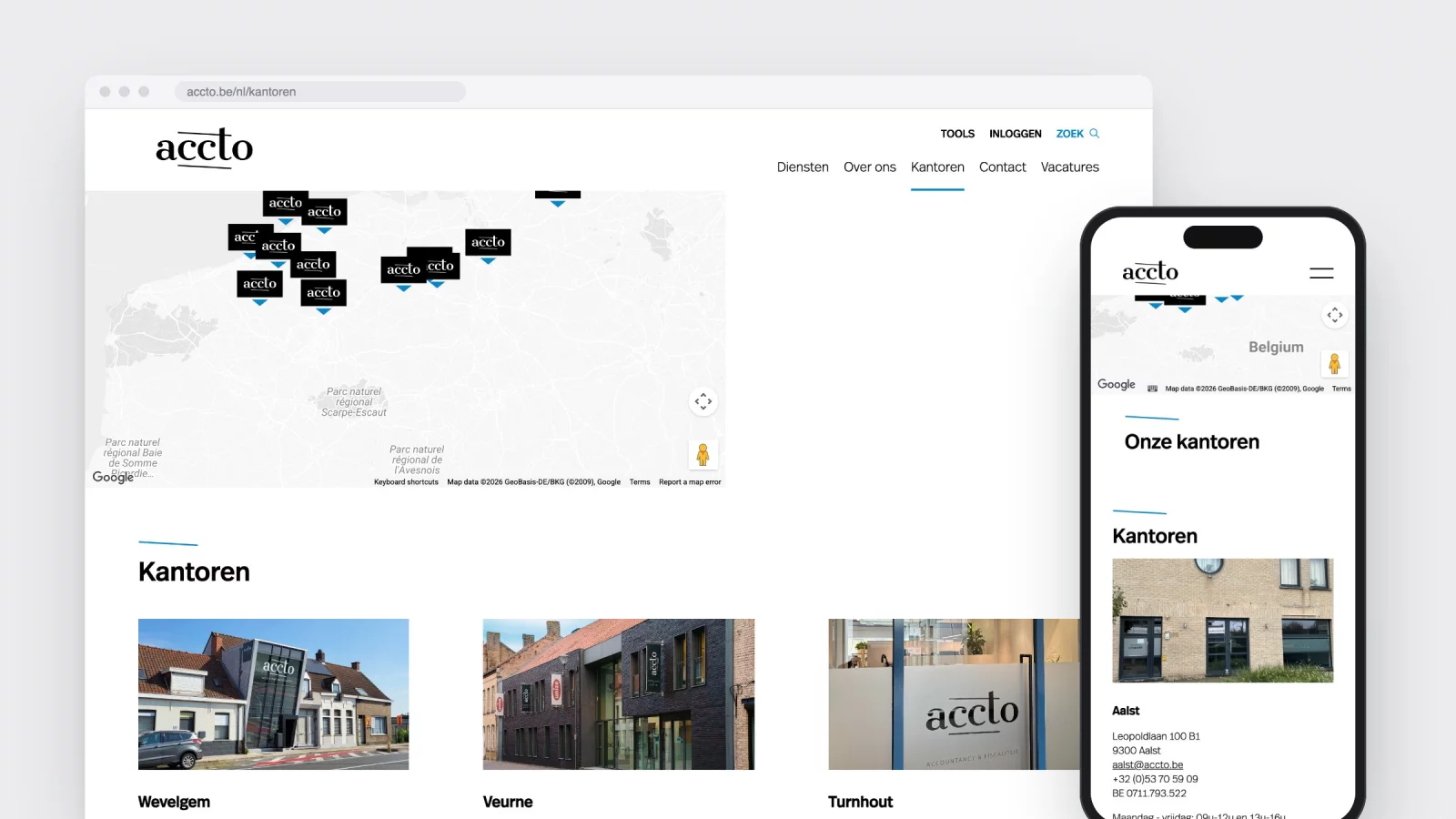 The offices page on accto.be with a map full of pins and the office cards below, on desktop and phone