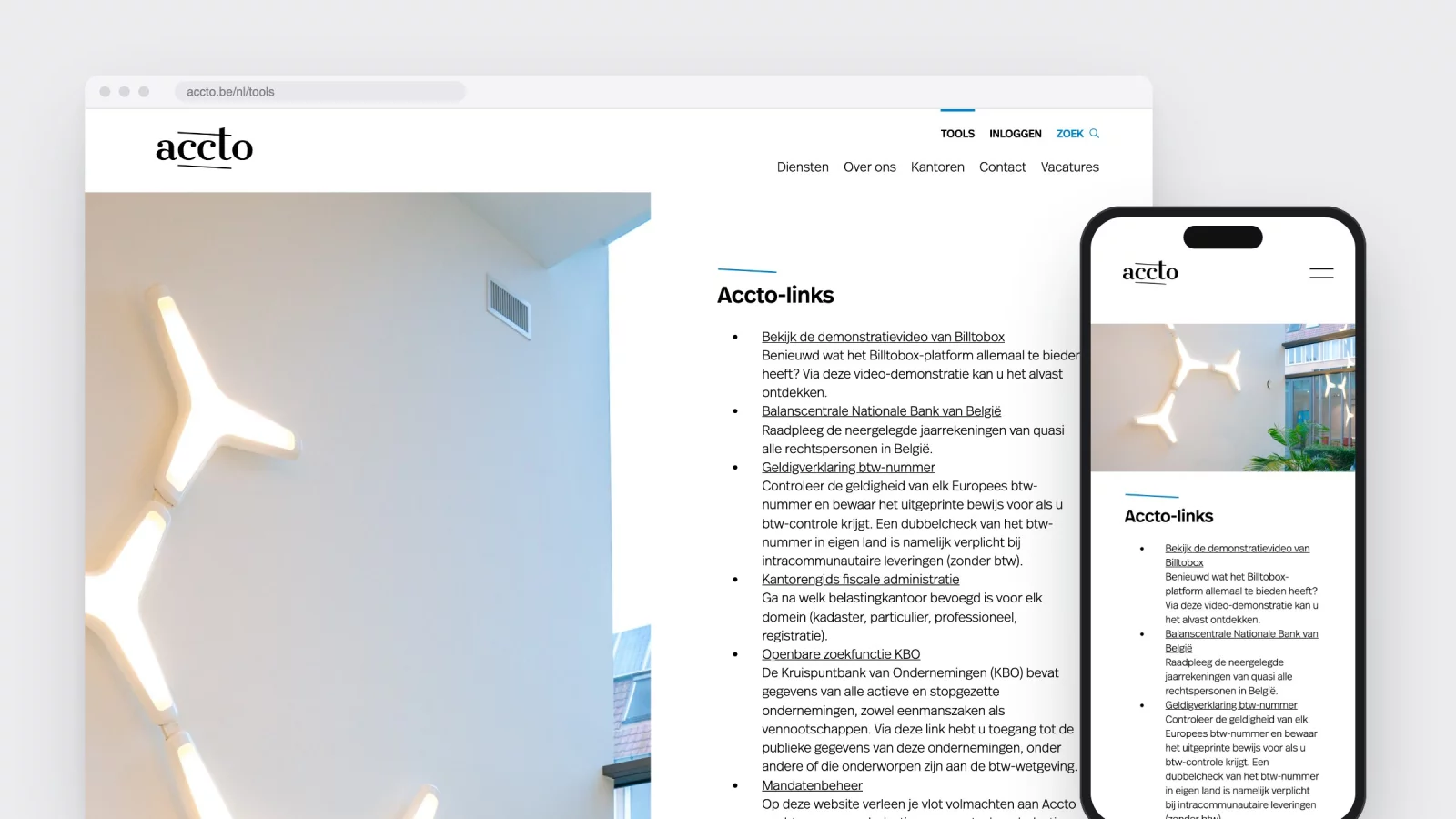 The tools page on accto.be with a list of useful links for entrepreneurs, on desktop and phone