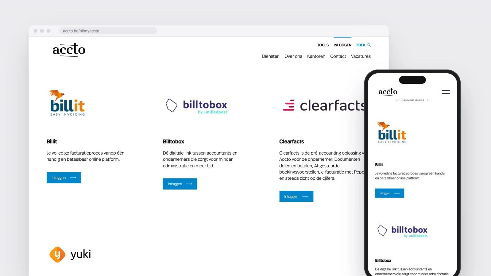 The login page on accto.be with cards for Billit, Billtobox, Clearfacts and Yuki, on desktop and phone