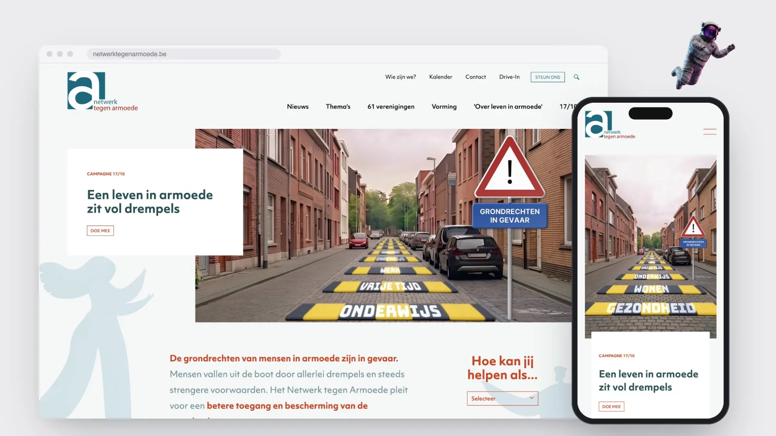 The netwerktegenarmoede.be homepage in a browser window and on a phone, showing the 17 October campaign