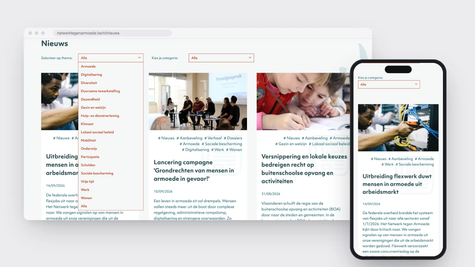The news overview of netwerktegenarmoede.be with the theme filter open, next to the same overview on a phone