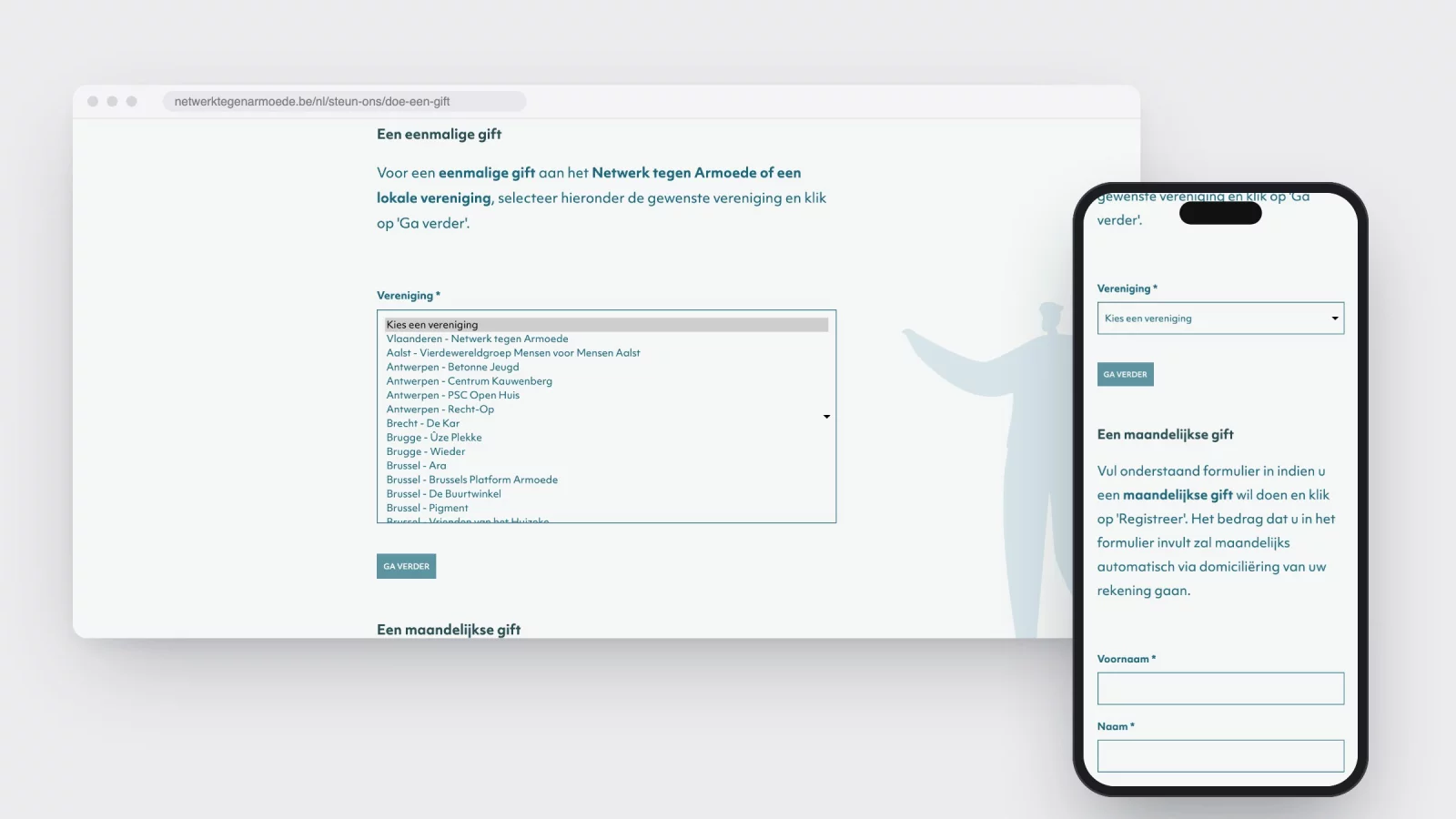 The donation form on netwerktegenarmoede.be with the list of associations expanded, next to the same form on a phone