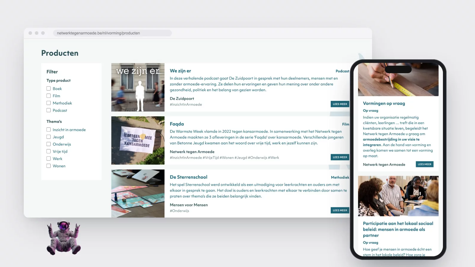 The products page of netwerktegenarmoede.be with filters for type and theme, next to the training page on a phone