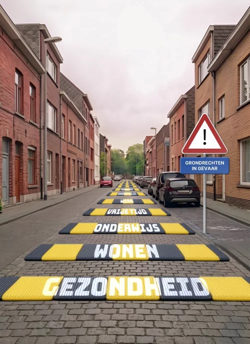The campaign visual of Netwerk tegen Armoede: a street full of speed bumps reading health, housing, education, leisure and work, next to a road sign saying &ldquo;fundamental rights in danger&rdquo;