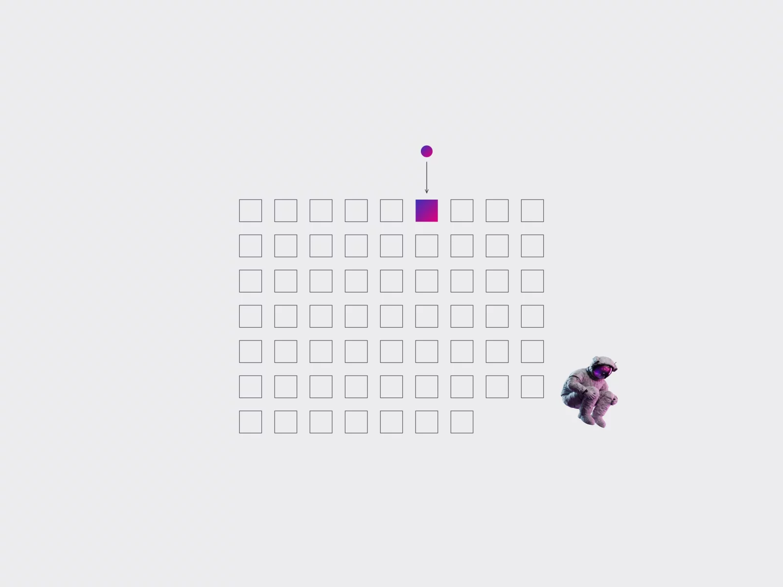 Diagram: sixty-one empty squares with one filled in, a dot dropping into it and a small astronaut alongside