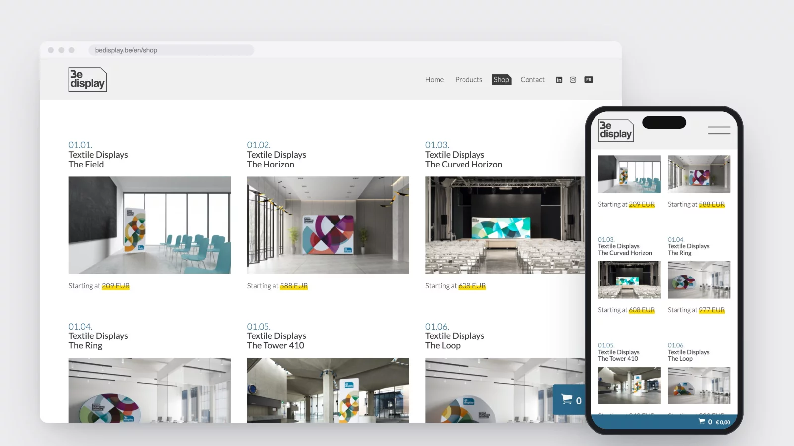 The bedisplay.be web shop in a browser window with a grid of textile displays, and the same shop on a phone
