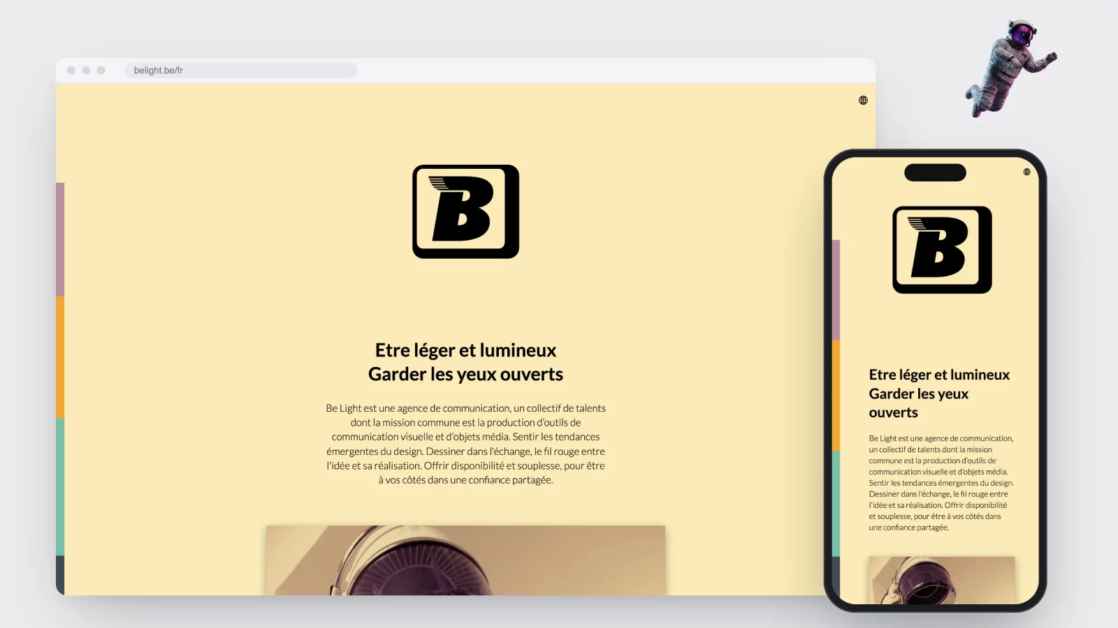 The first section of belight.be in a browser window and the same screen on a phone, both in cream with the Be Light logo