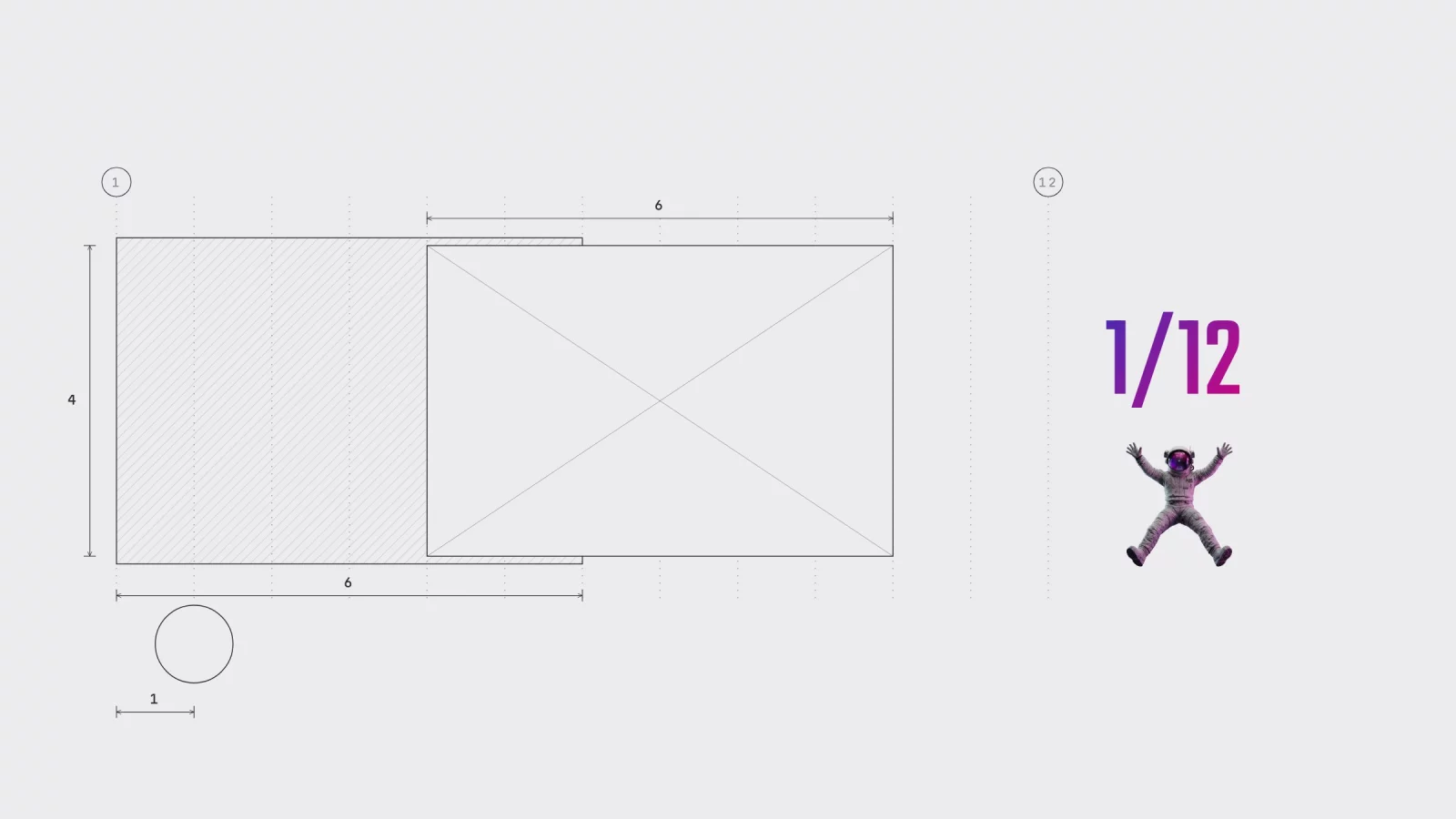 Technical drawing of one homepage row: a grid of twelve axes with a hatched colour field six units wide, an image area of six by four sliding across it, a round button of one unit, dimension lines and a small astronaut