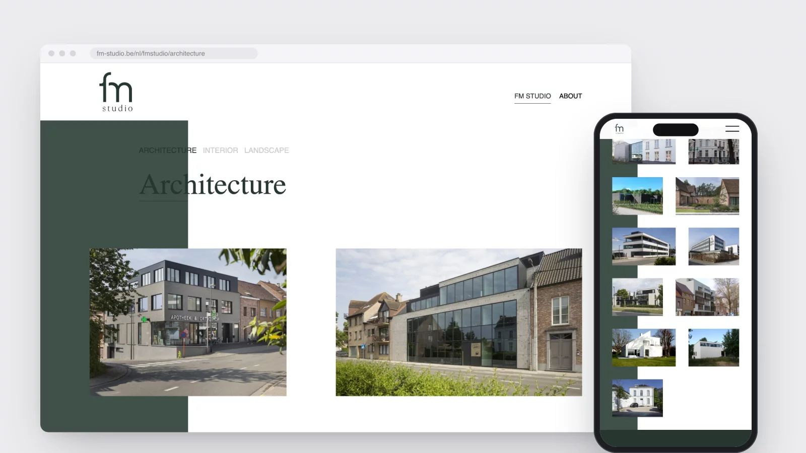 The Architecture category page of fm-studio.be in a browser window with project images in two different widths, and the same page on a phone
