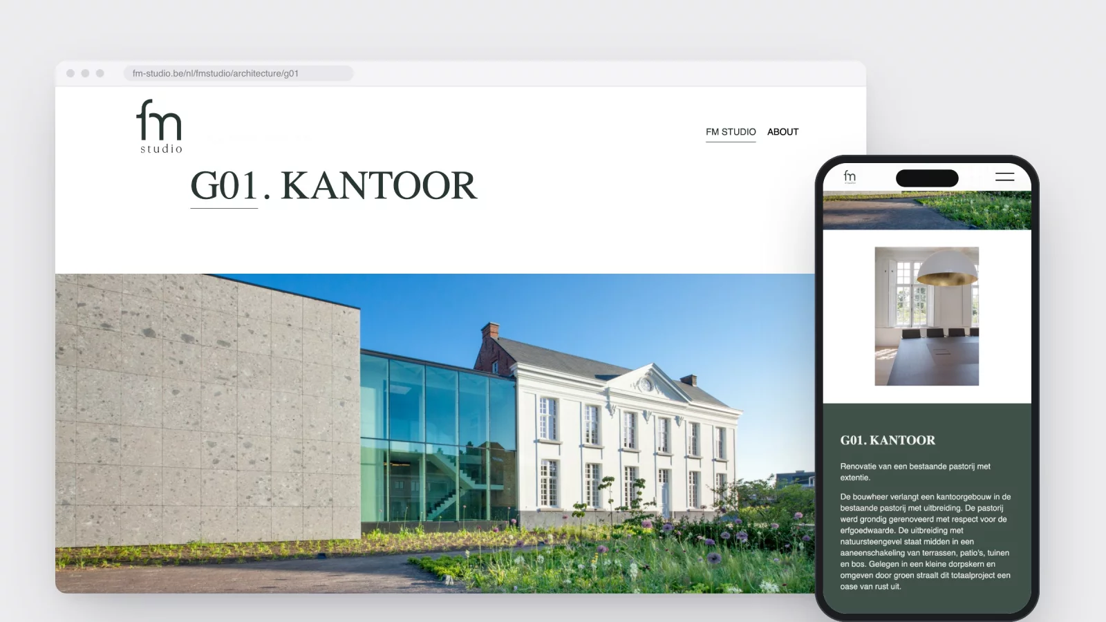 The project page of G01. KANTOOR on fm-studio.be with the full-width banner, and on a phone the dark green text block with the project description