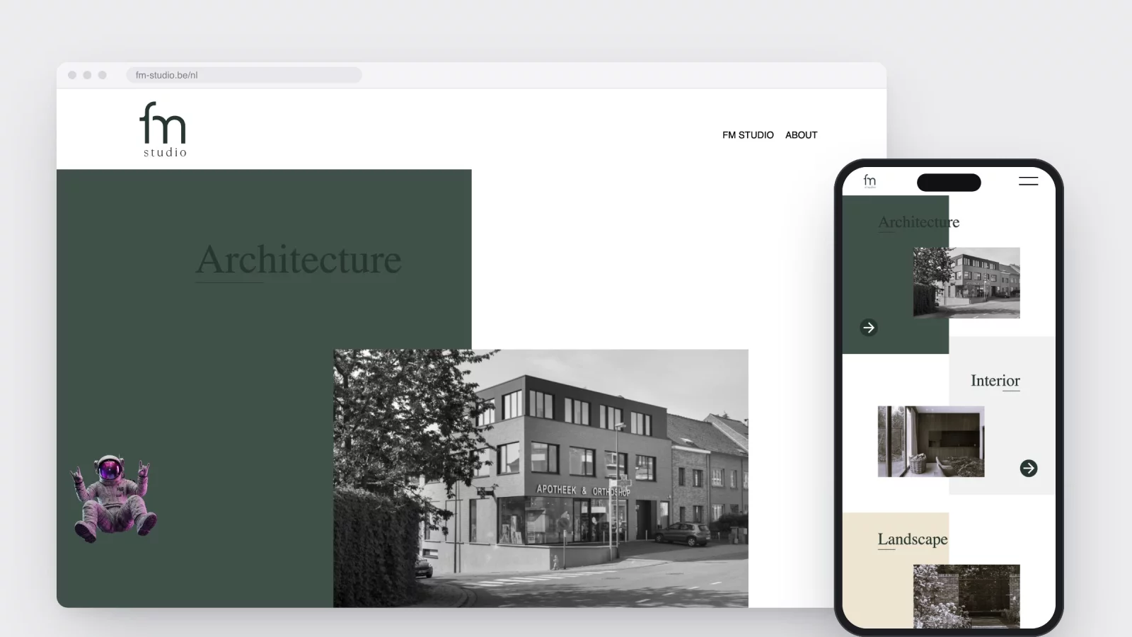 The fm-studio.be homepage in a browser window with a dark green colour field for Architecture and a black-and-white photo sliding over it, and the same page on a phone