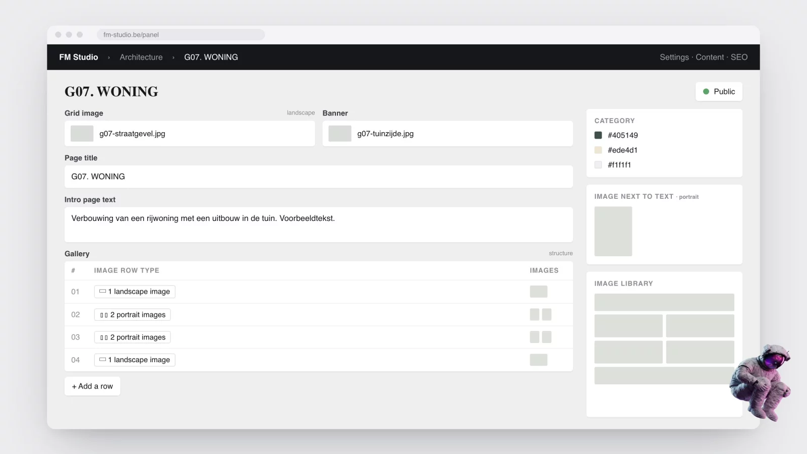 Rebuilt CMS screen showing a project record: fields for grid image, banner and intro, a table with the row types 1 landscape image and 2 portrait images, and a colour picker for the category