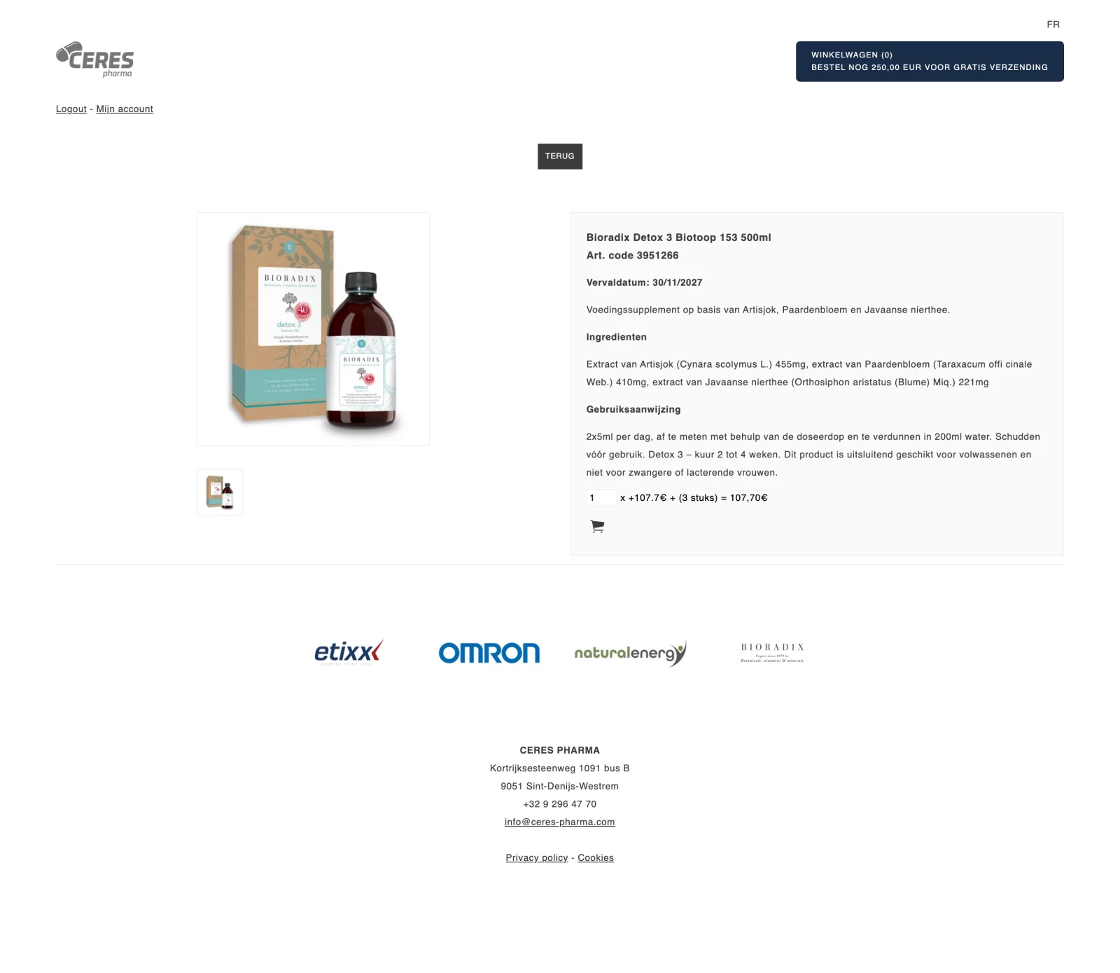 Een productfiche in Ceres Orders met samenstelling, dosering en staffelprijs