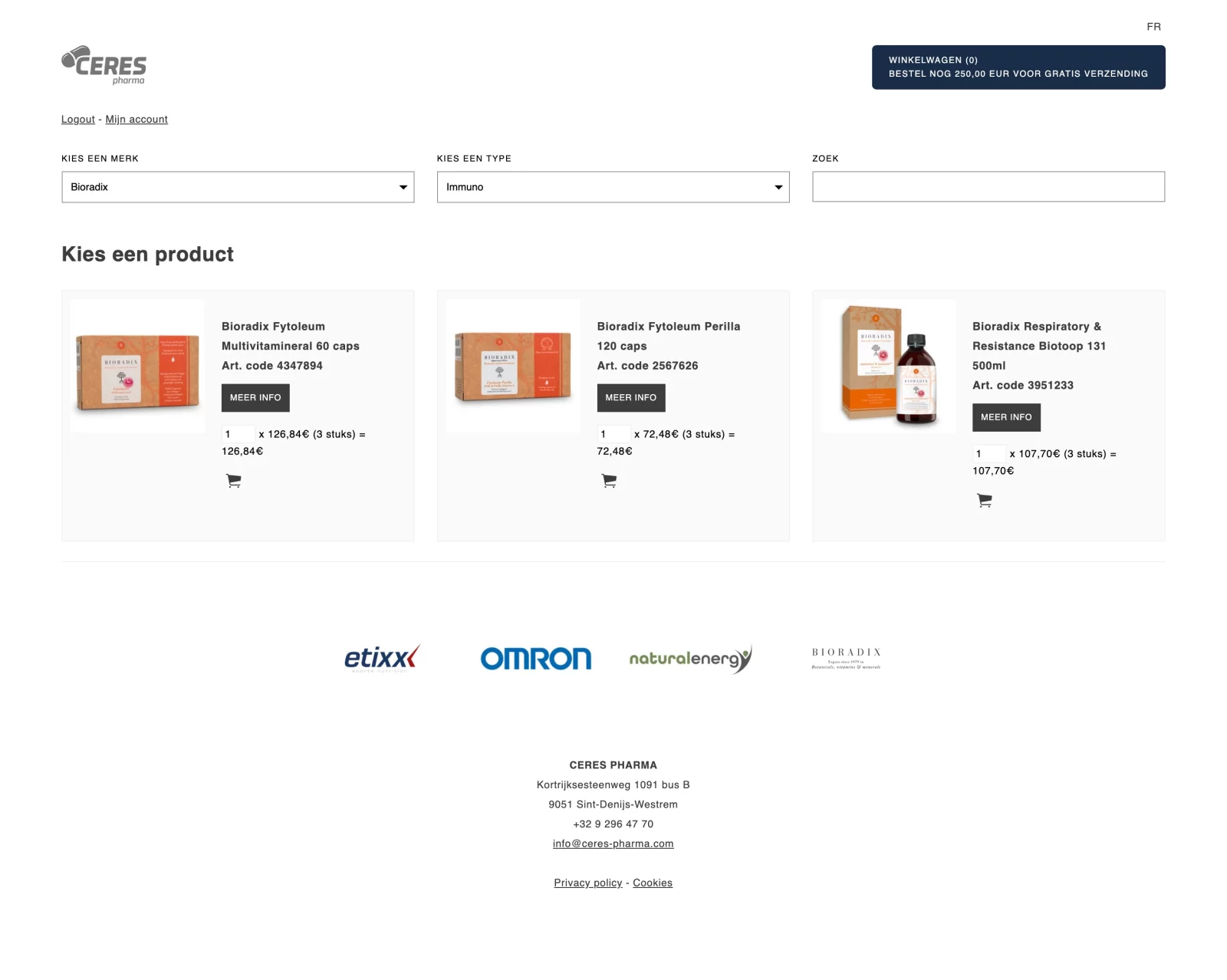 De besloten shop van Ceres Orders met filters en productoverzicht