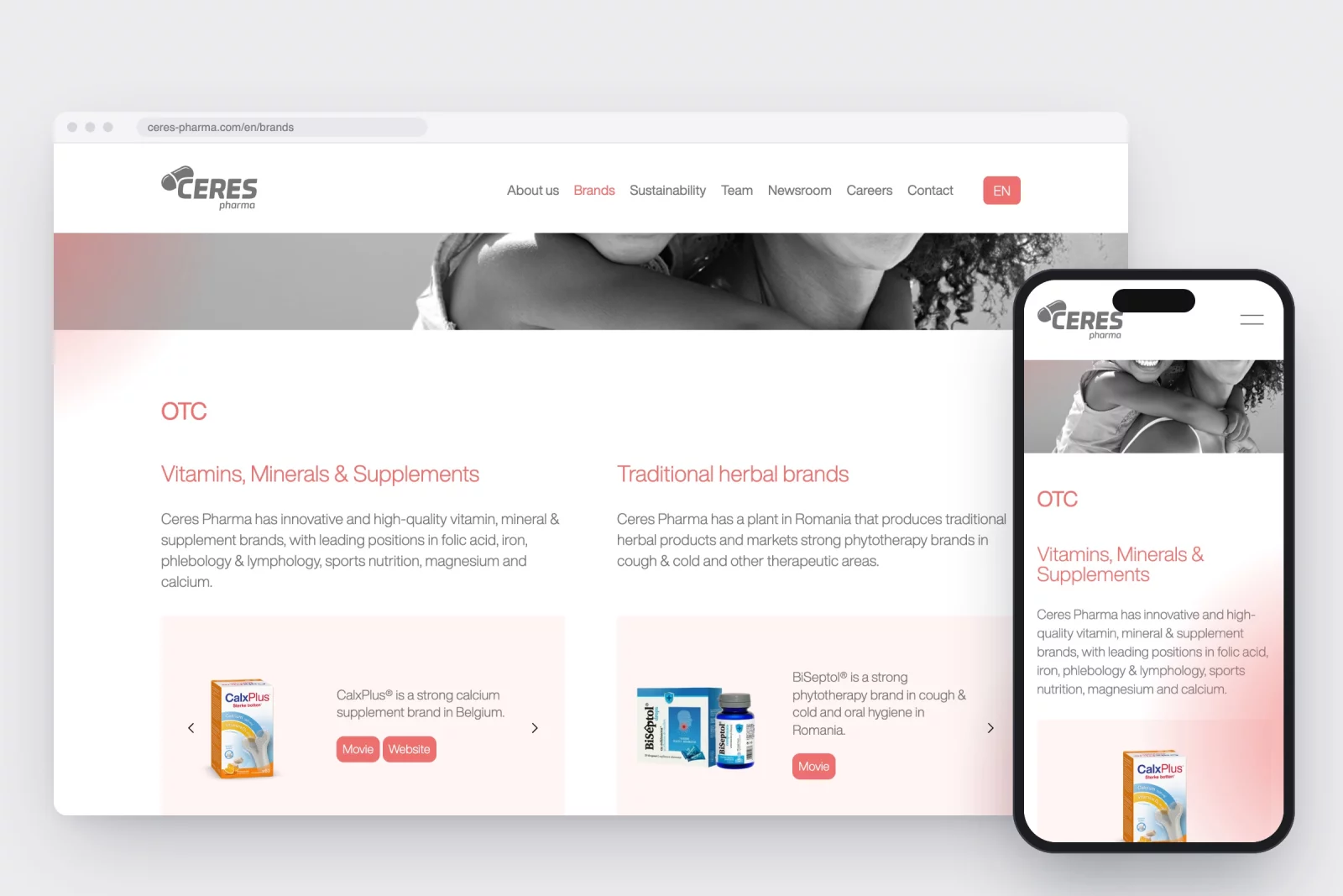 The brands page of ceres-pharma.com, with brands grouped by field