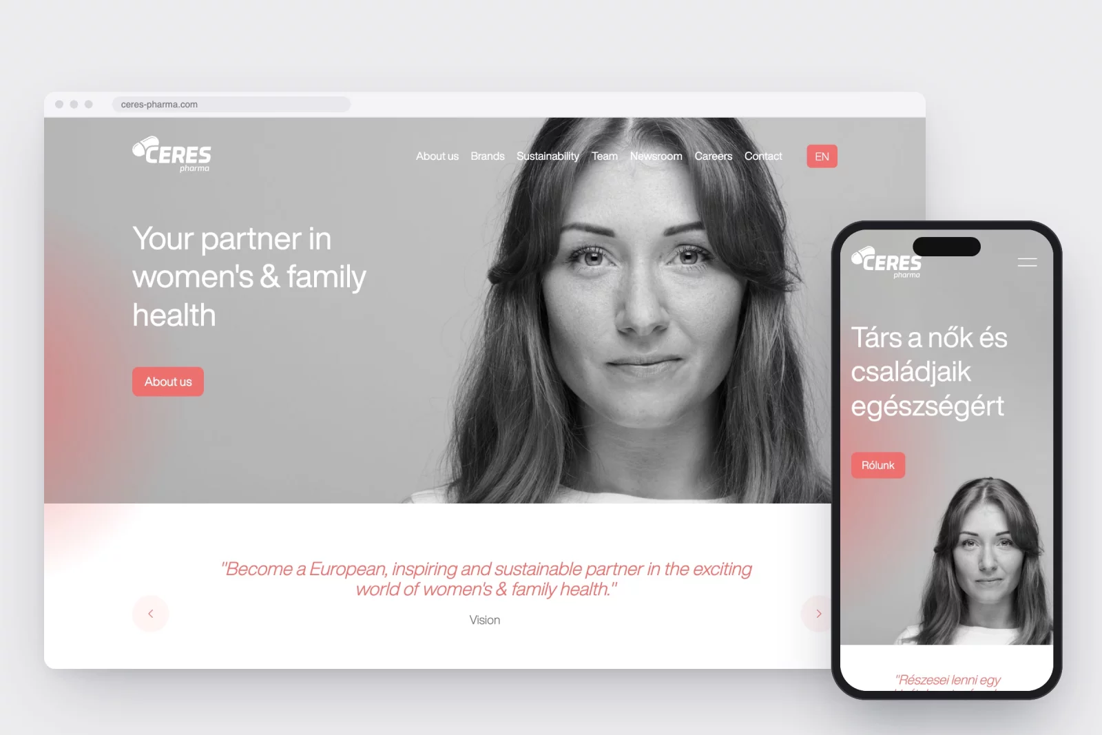 The ceres-pharma.com homepage on desktop in English and on a phone in Hungarian