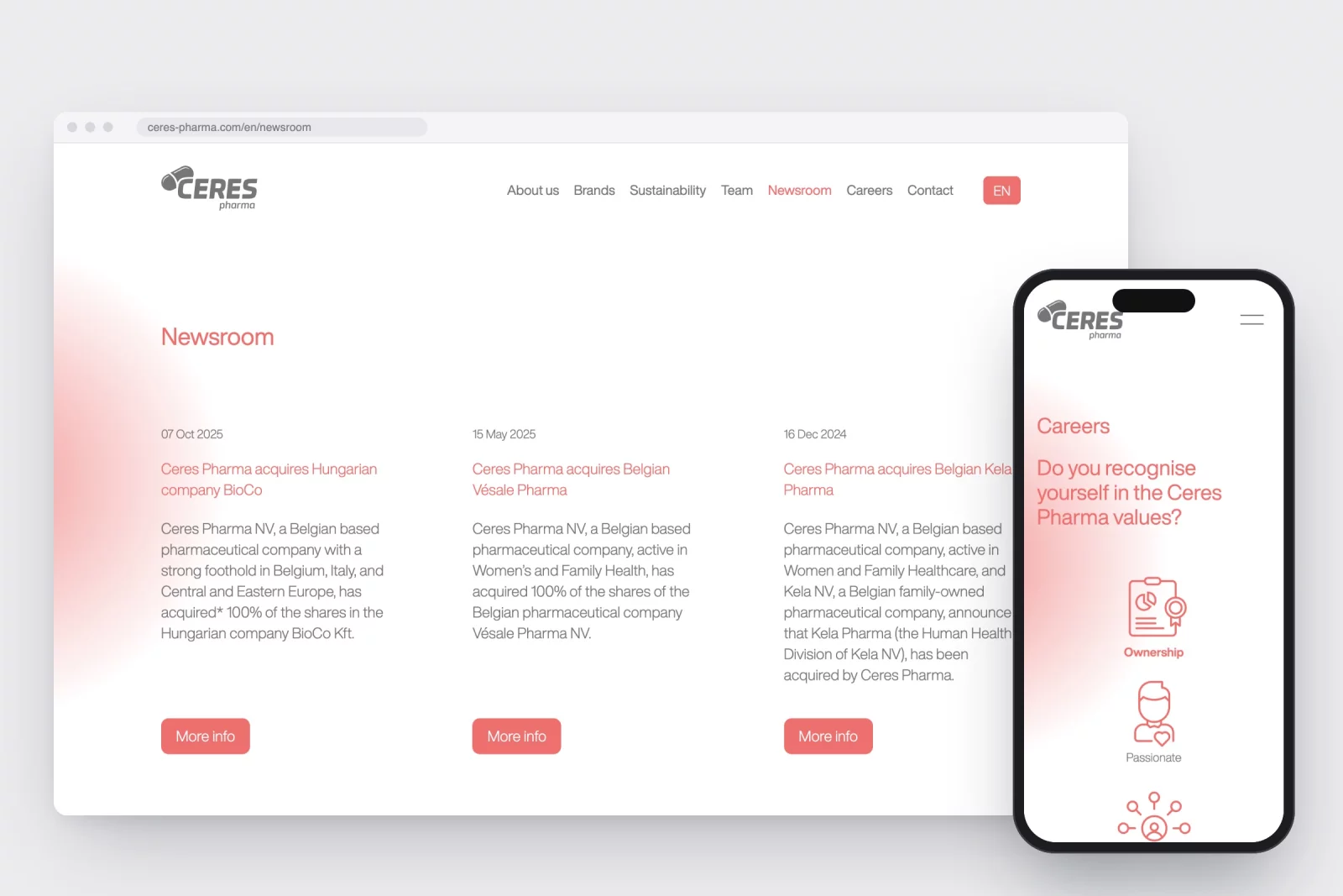 The ceres-pharma.com newsroom on desktop and the careers page on a phone