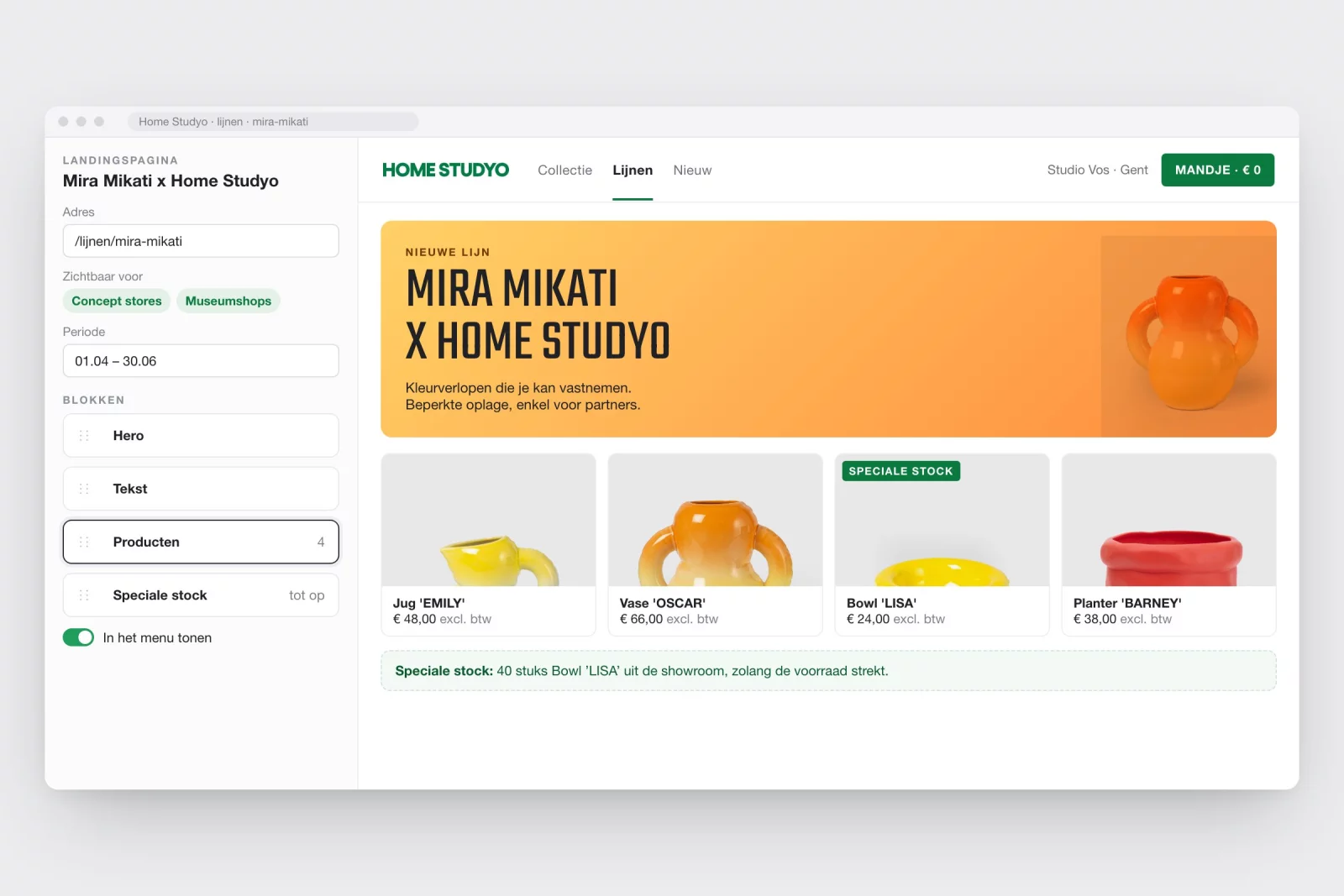 A landing page for a new line in the Home Studyo shop, with the blocks and settings on the left