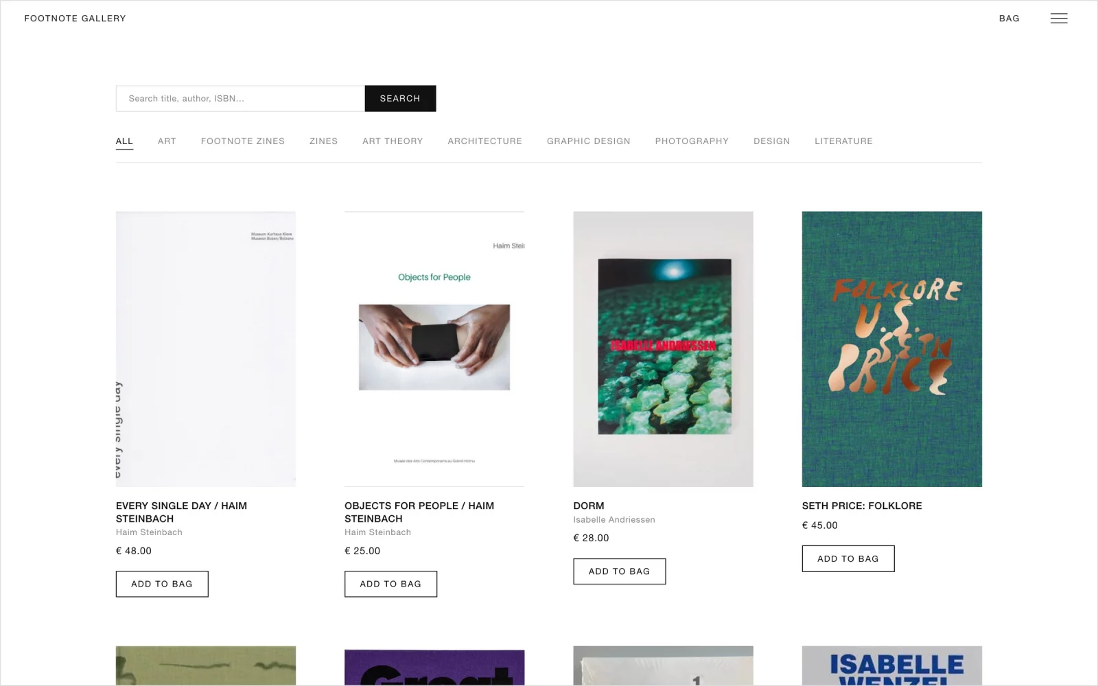 The books page of footnote.gallery with search field, categories and books